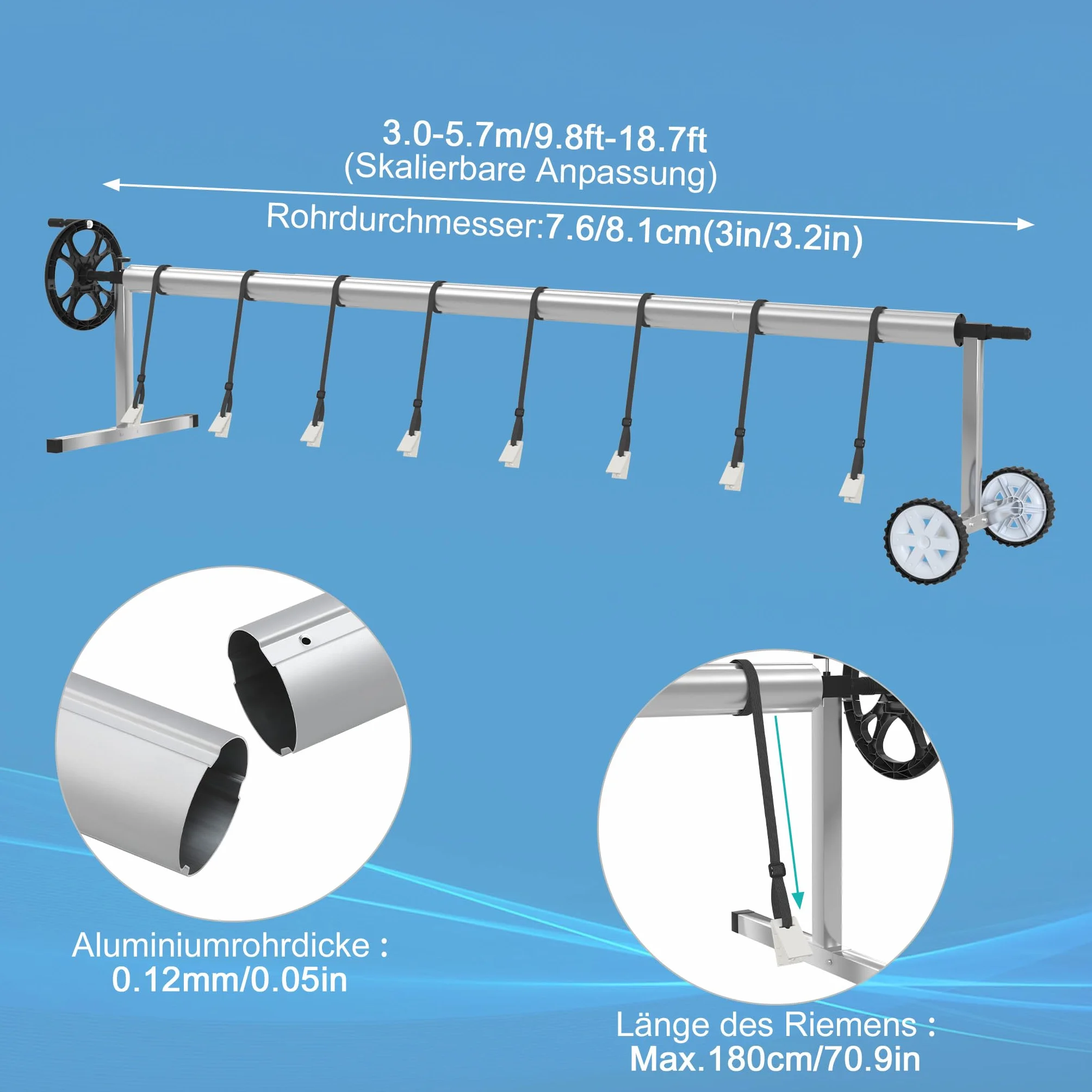Enrollador de piscina manual 3-5,7 m resistente a la intemperie para lona solar