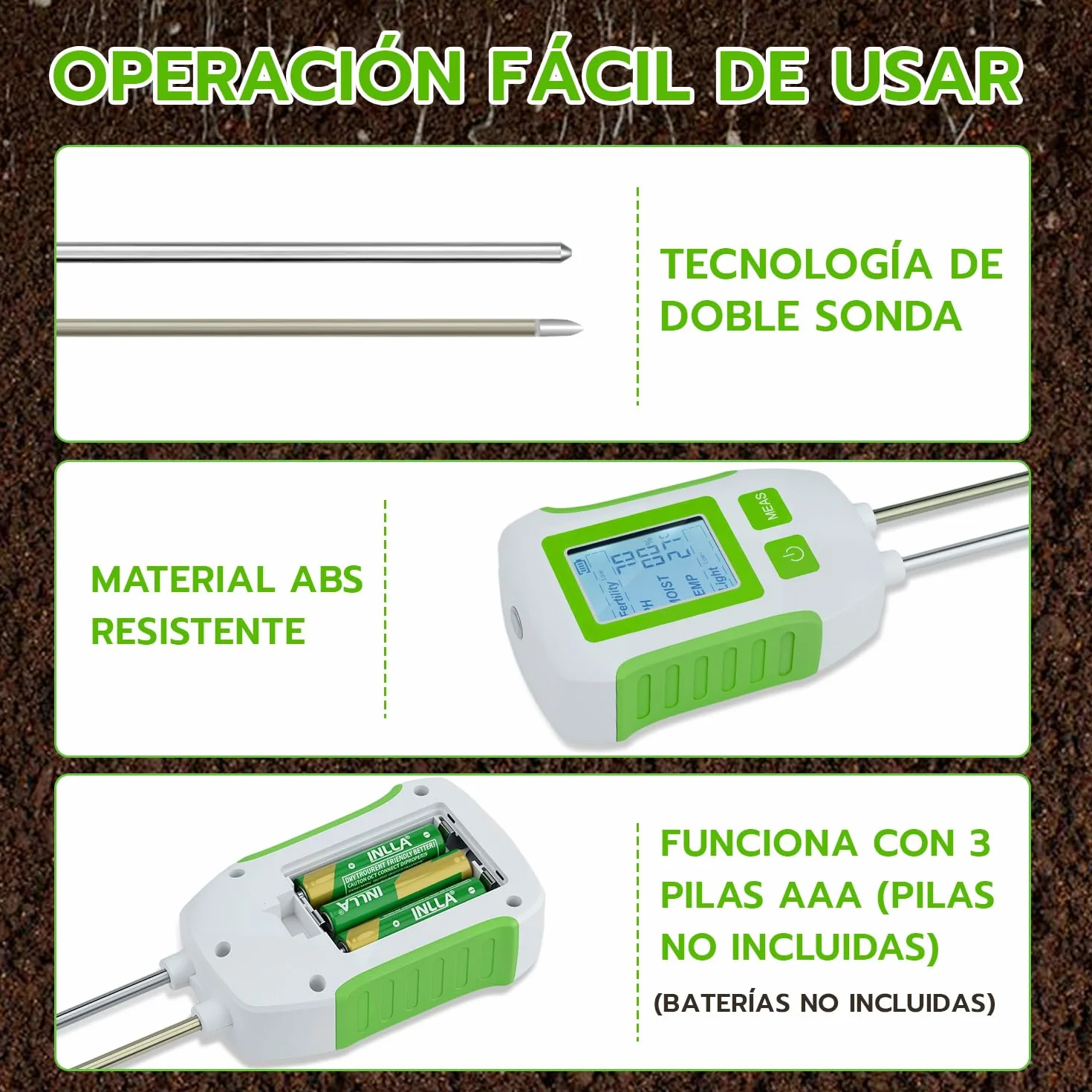Mcbazel Medidor de Suelo 5 en 1, Analizador de pH, Humedad, Temperatura y Luz con Sonda Dual, Pantalla LCD