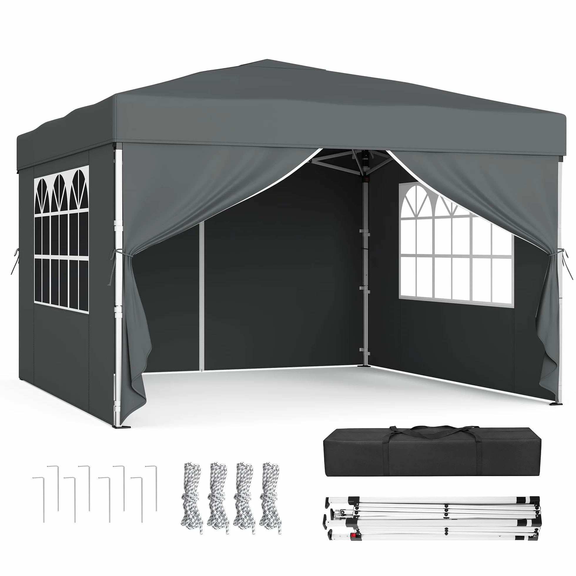 SONGMICS Cenador 3 x 3 m con Paneles Laterales, Carpa Plegable, Protección Solar, Resistente a Lluvia Ligera, Portátil, para Patio, Jardín, Mercadillo, Gris Oscuro GCT104GZ01