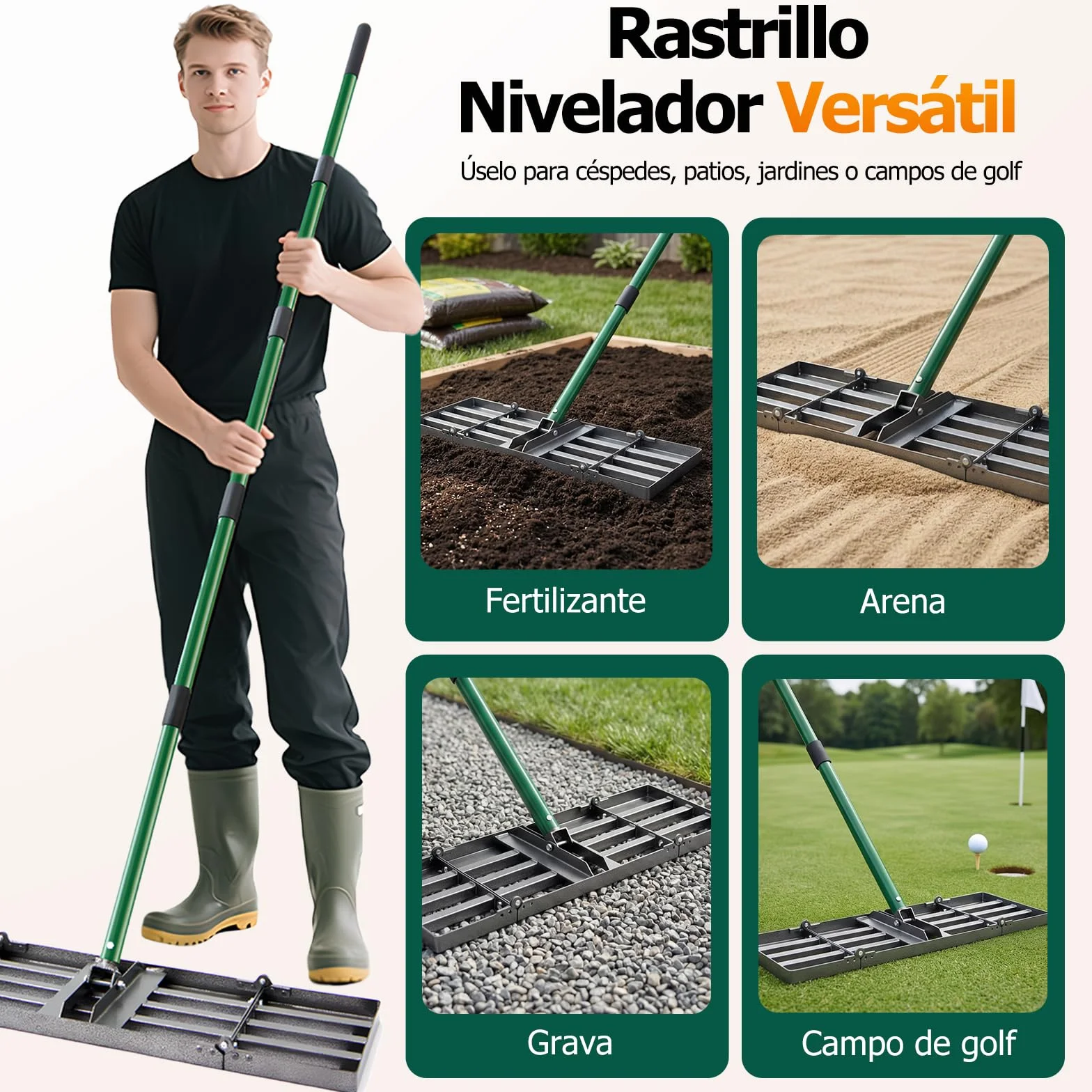 Rastra de nivelación para césped 76x25 cm, mango ajustable 84-196 cm, plegable jardín