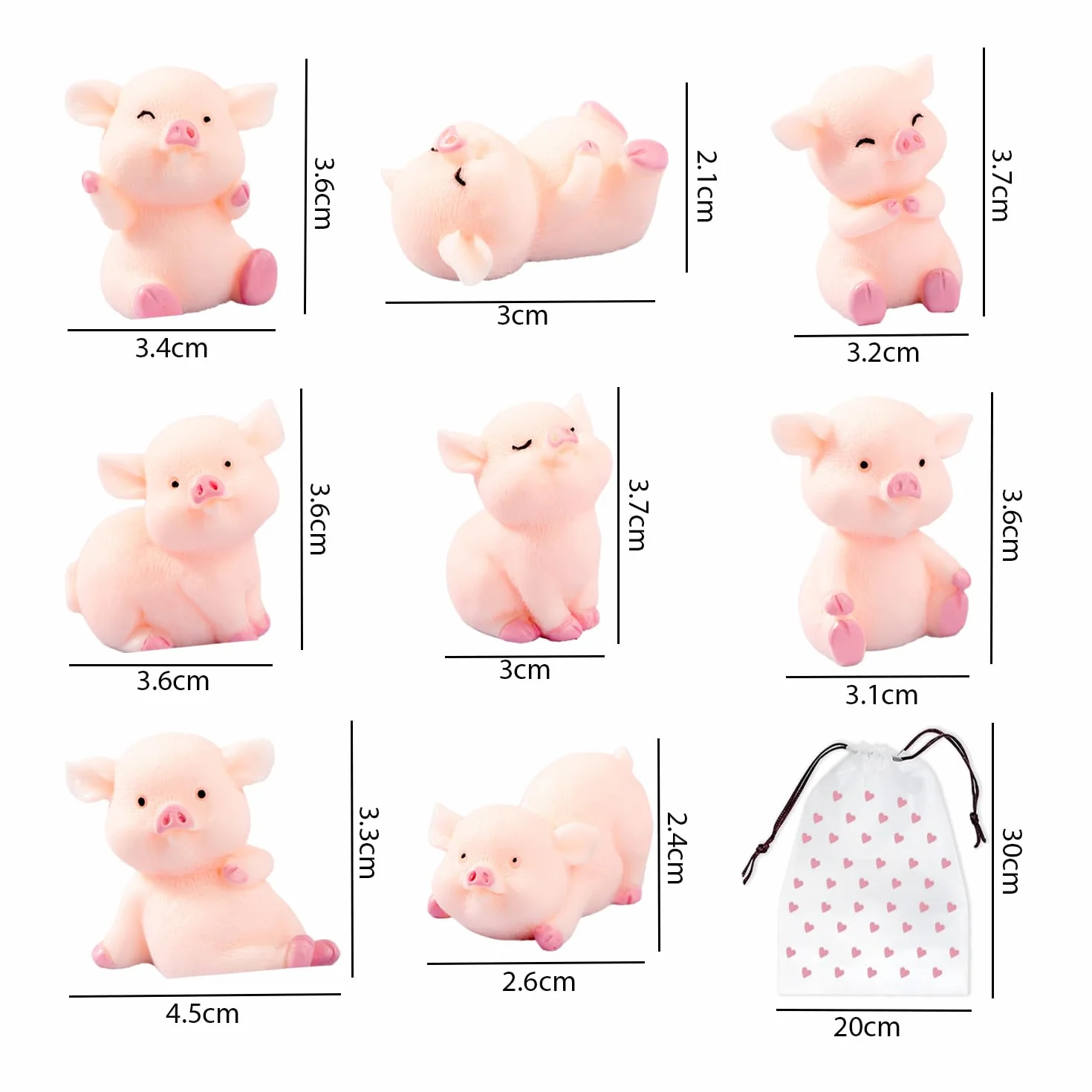 8 adornos de cerdo pequeño con 1 bolsa de almacenamiento, decoración de coche, decoración de escritorio, cerdo de la suerte, regalo de cerdo de la suerte (rosa)