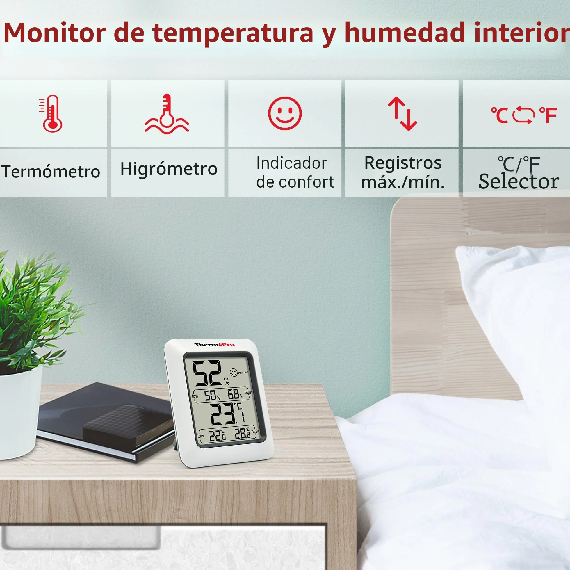 ThermoPro TP50 Termómetro Higrómetro Digital Interior Profesional Medidor Casa Hogar