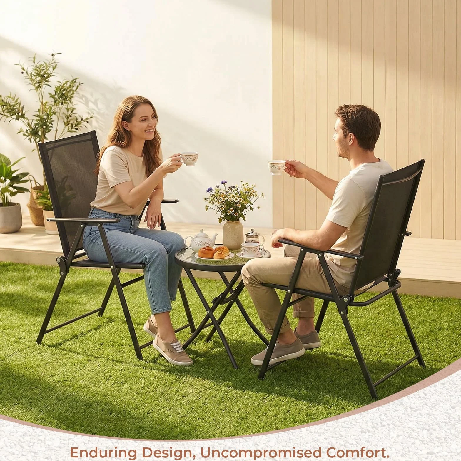 LIFERUN Set de Balcón 3 Piezas Metal, Bistró Plegable con 2 Sillas y Mesa de Vidrio, Muebles de Jardín Exterior Negro