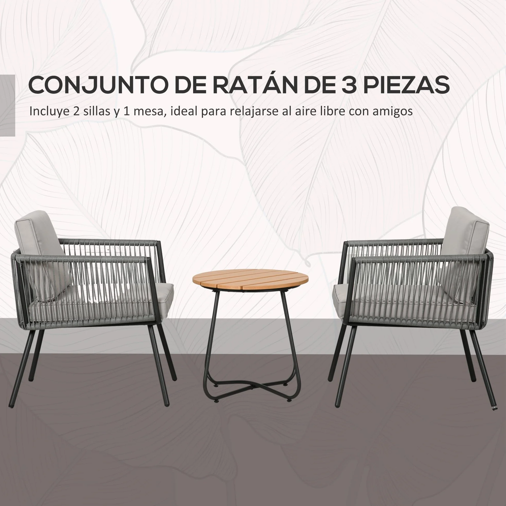 Outsunny Conjunto de Muebles de Jardín Ratán Sintético 3 Piezas Mesa y 2 Sillas con Cojines Extraíbles Gris