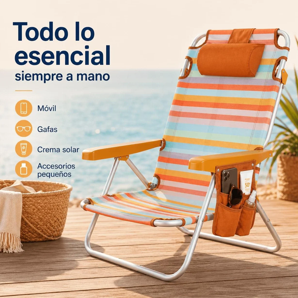 Silla de Playa Plegable Aluminio Reclinable Mochila 22cm Altura Asiento 25cm Reposacabezas Ocre Rayada