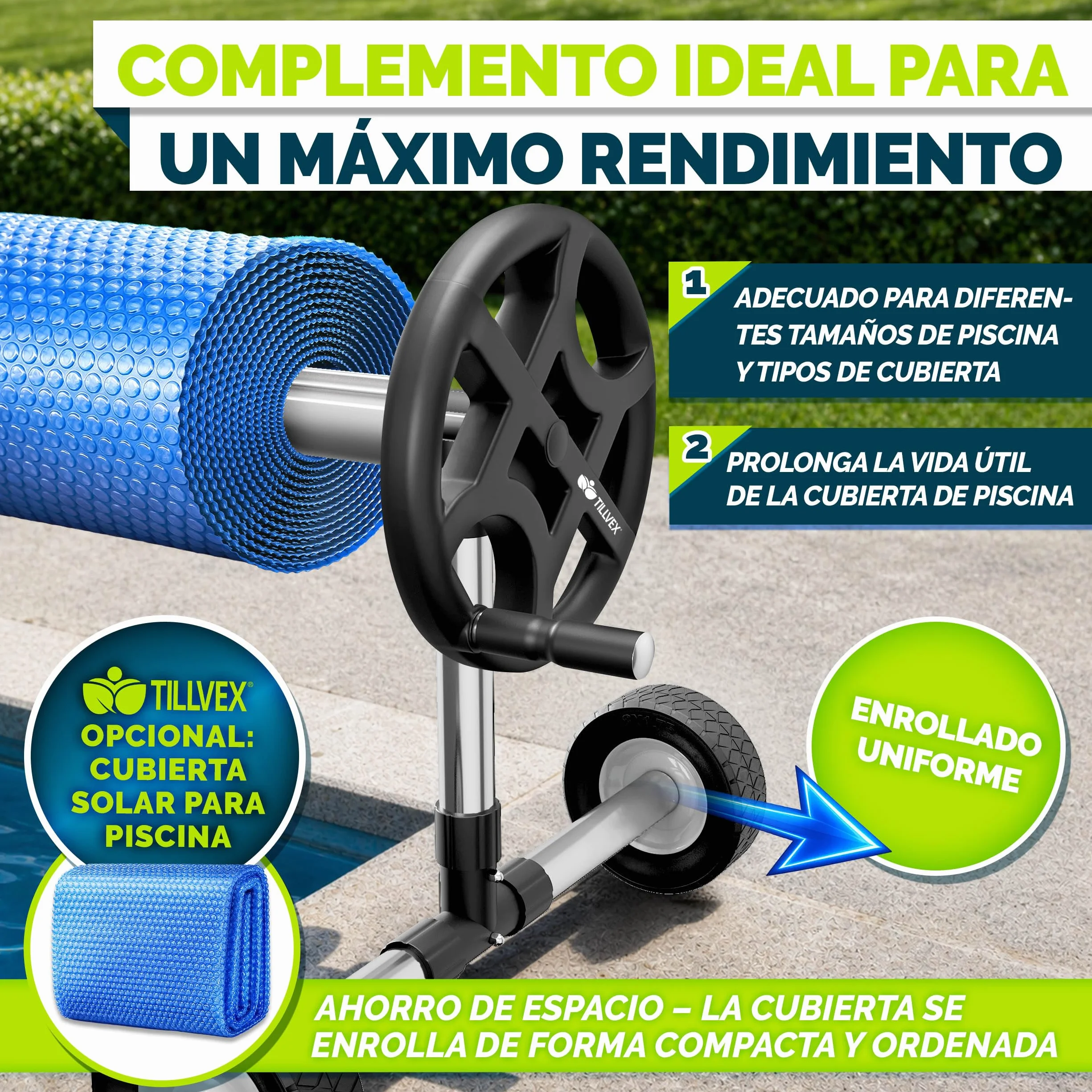 Tillvex Enrollador de Cubiertas para Piscinas 3-5,70 m con Neumáticos de Caucho Macizo y Termómetro