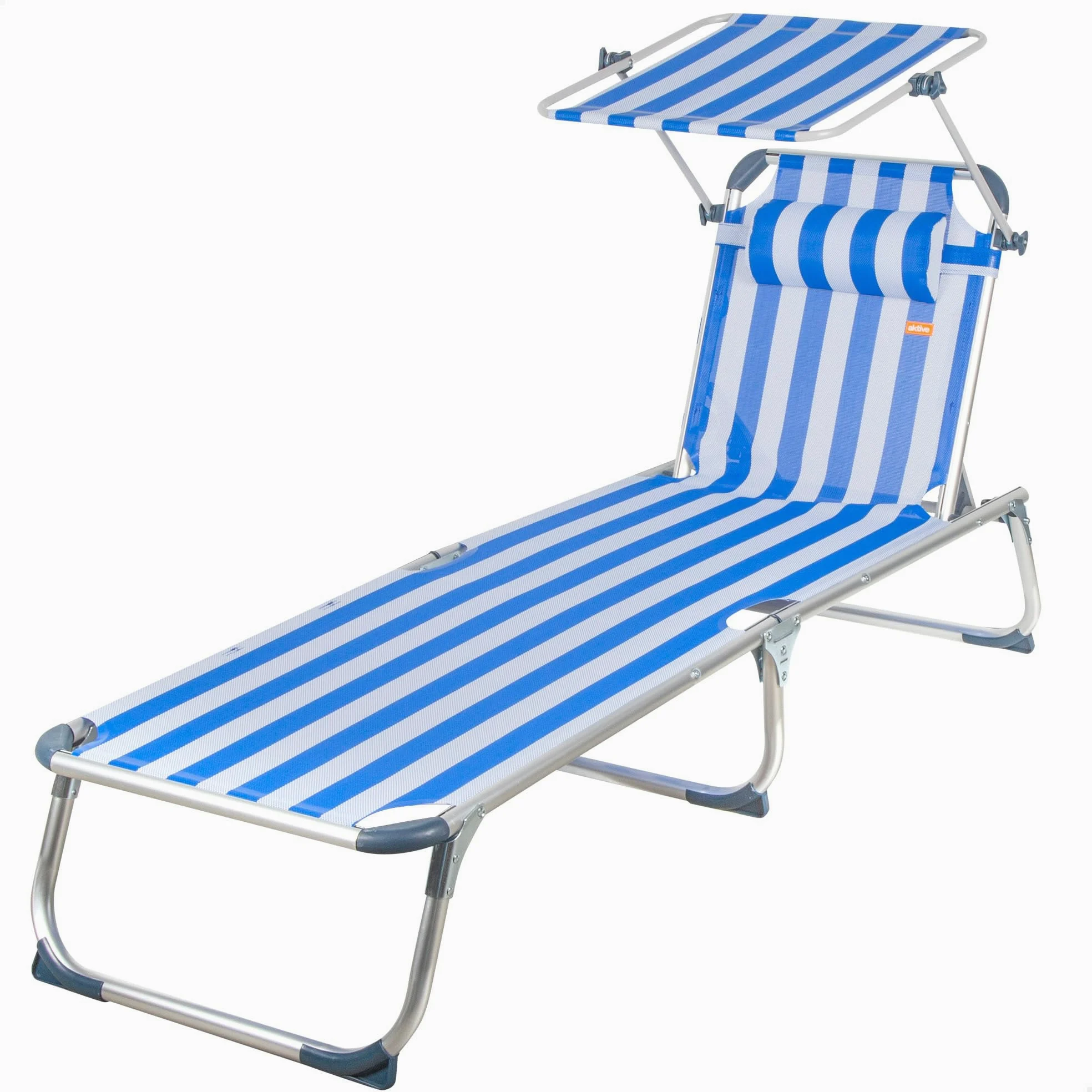AKTIVE Hamaca Playa Plegable, Azul Rayas, 186x49x30 cm, 5 Posiciones, Topes antivuelco, Parasol, Cojín, Soporta 110 kg, Estructura Aluminio, Tumbona terraza Exterior, Hamacas jardín (62475)