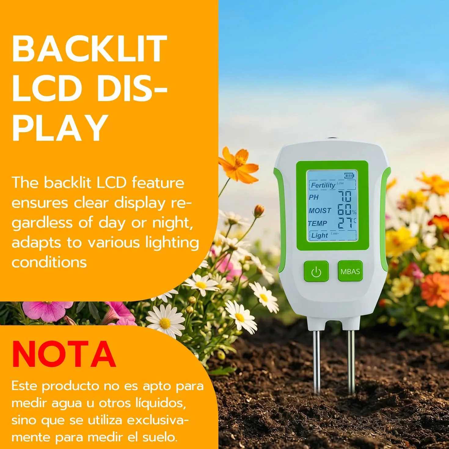 Medidor de Suelo 5 en 1, Higrómetro Digital para Plantas con Pantalla LCD, Humedad, pH, Temperatura, Luz, Fertilidad