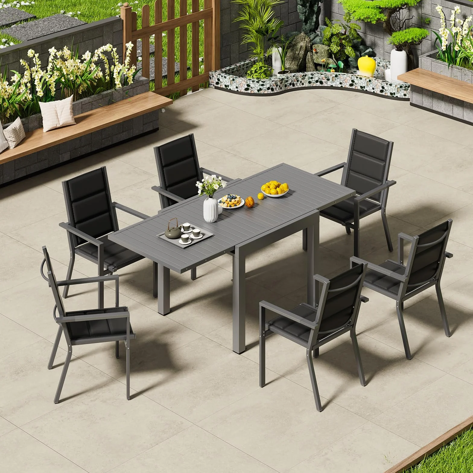 Devoko Conjunto Jardin Exterior 4 Personas, Mesa y Sillas De Comedor De Aluminio 4+1, 4 Sillas Apilables de Aluminio y 1 80-160CM Mesa Jardin Extensible, Muebles Jardin, Gris Oscuro