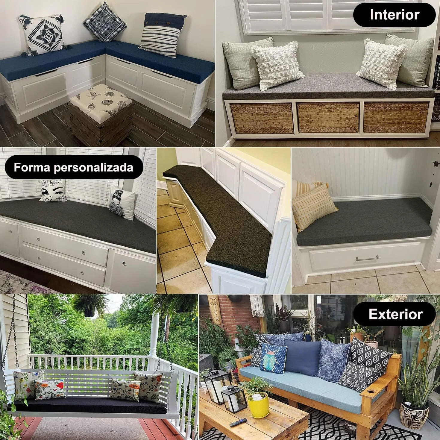 Cojines para Banco a Medida con Funda Desenfundable y Espuma 75D Impermeable Jardín Terraza
