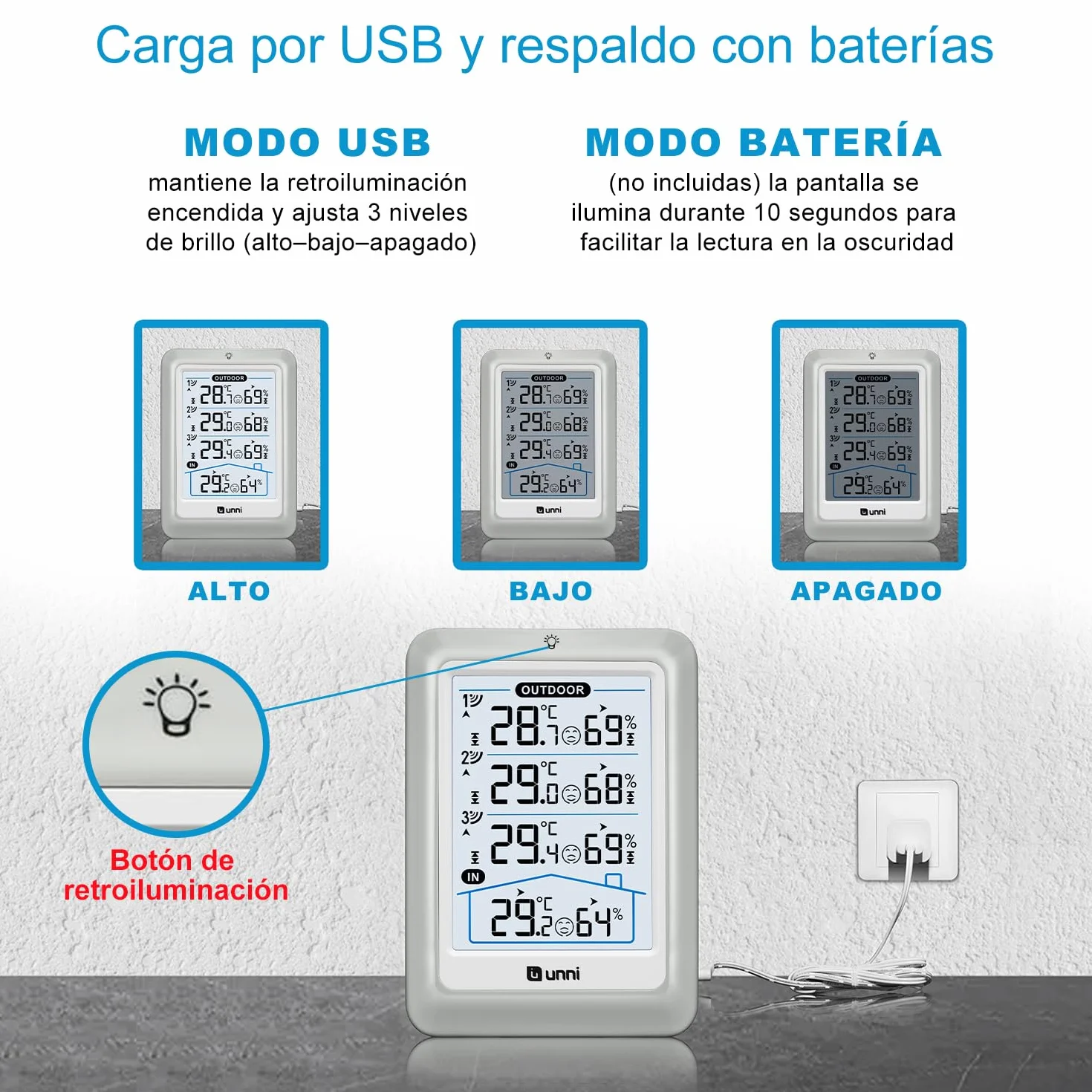 Termómetro inalámbrico con 3 sensores, pantalla 4.5 pulgadas, alcance 100 m, retroiluminación ajustable