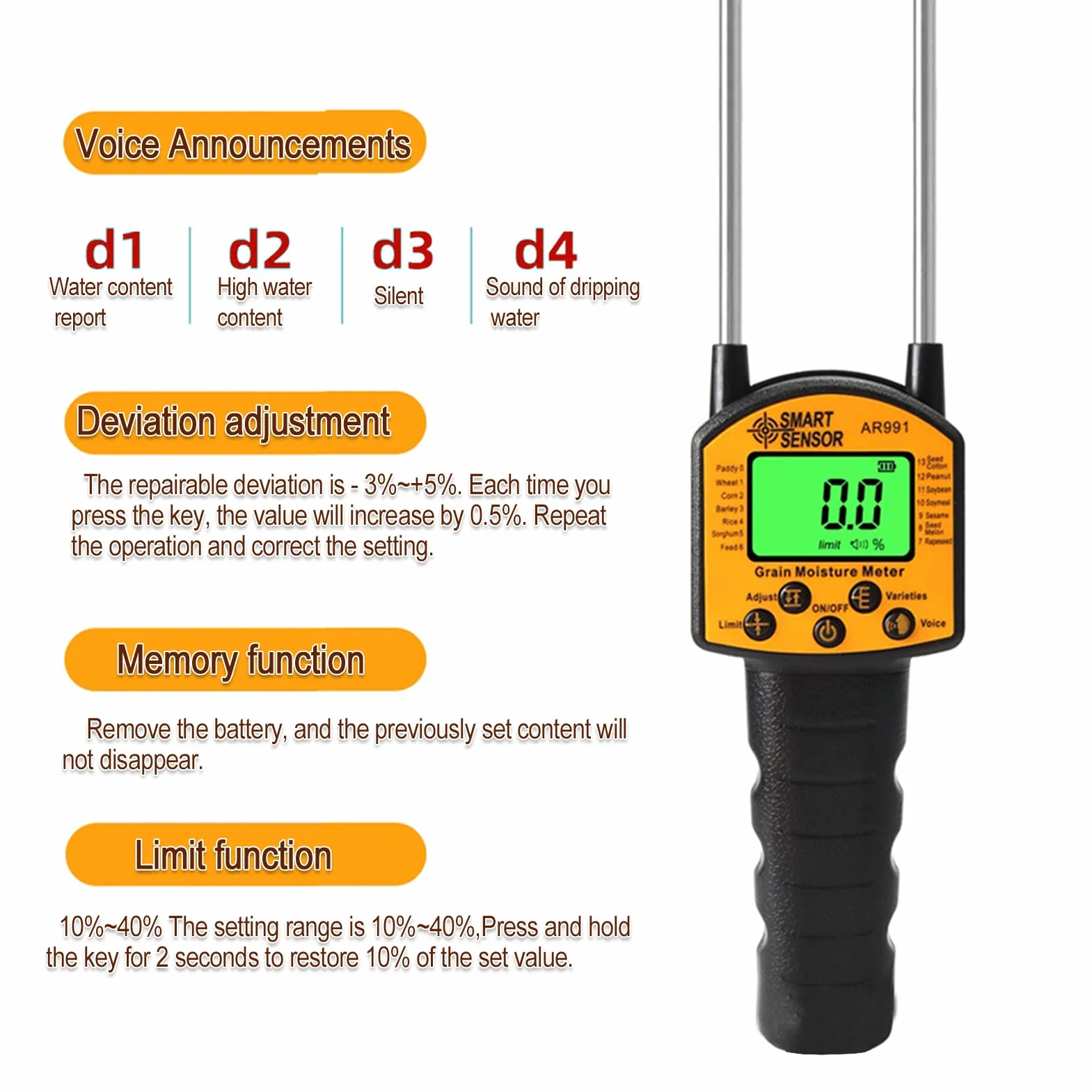 AR991 Medidor de humedad de grano digital portátil con sonda para trigo maíz arroz soja