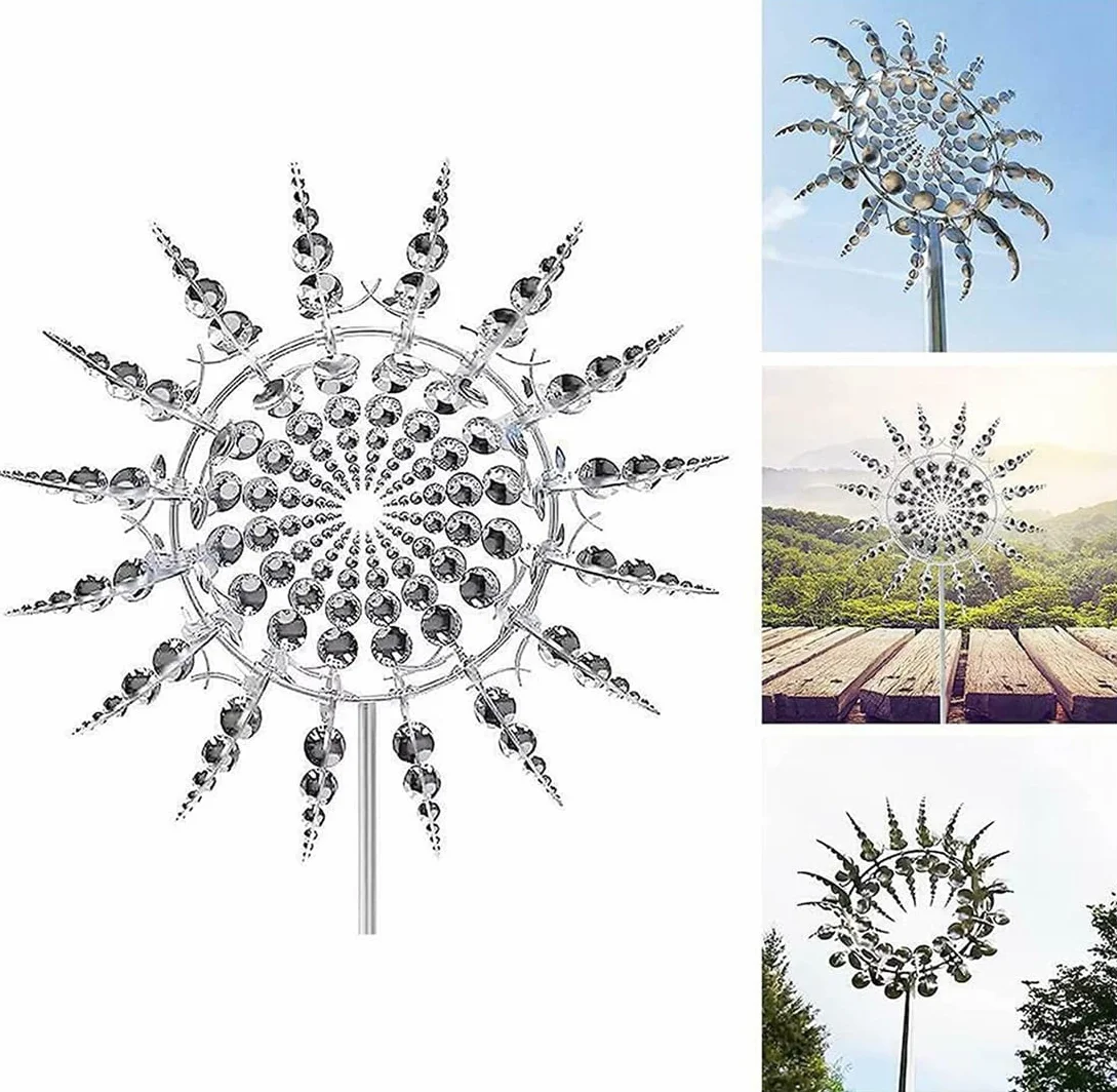 Metal Windmill Wind Spinner for Garden Yard Ornament Silver