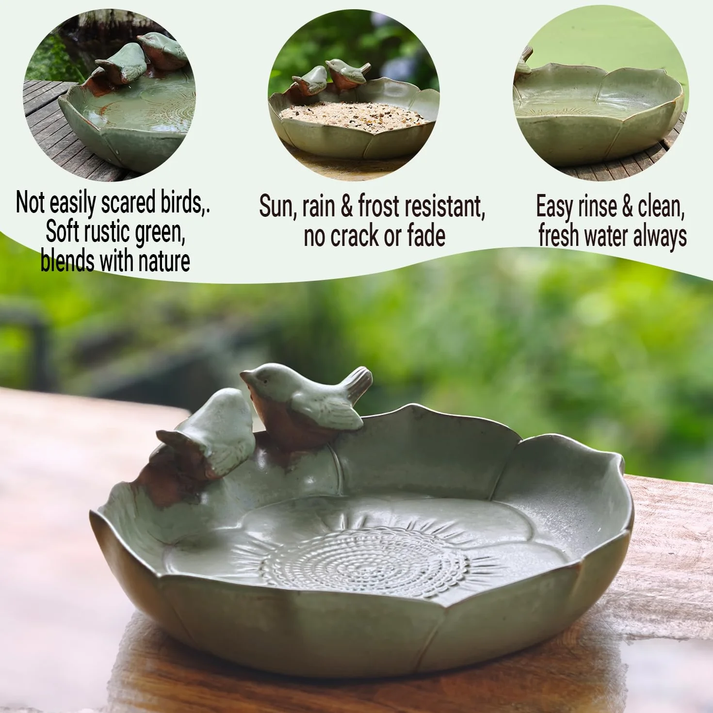 Baño de cerámica para pájaros para exteriores en el suelo, cuenco de baño para pájaros de 9.45 pulgadas, comederos de pájaros y baño para pájaros para exteriores, jardín, mesa, cubierta