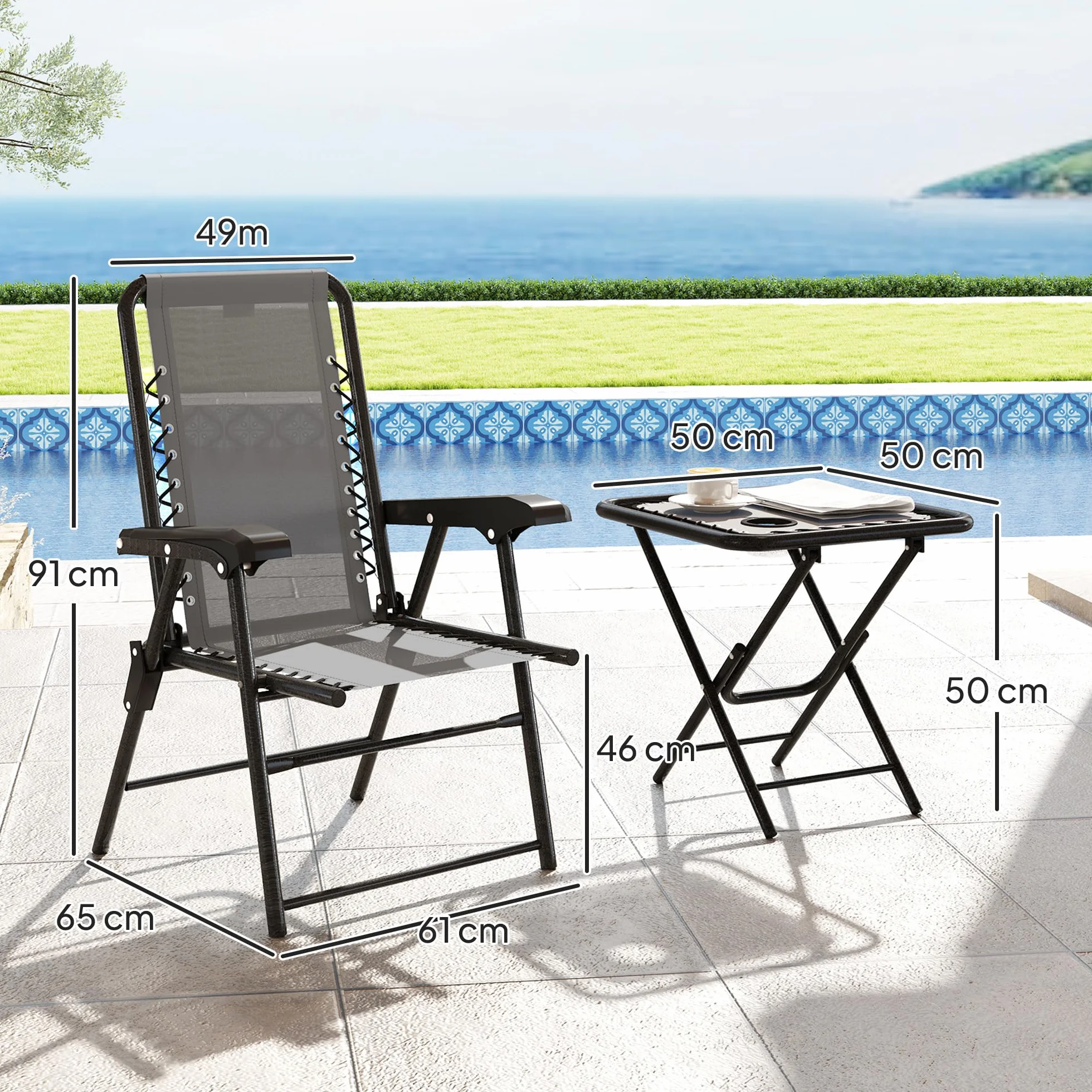 Outsunny Conjunto de Mesa y Sillas de Terraza Exterior 3 Piezas Plegables con Estructura de Acero Gris Oscuro