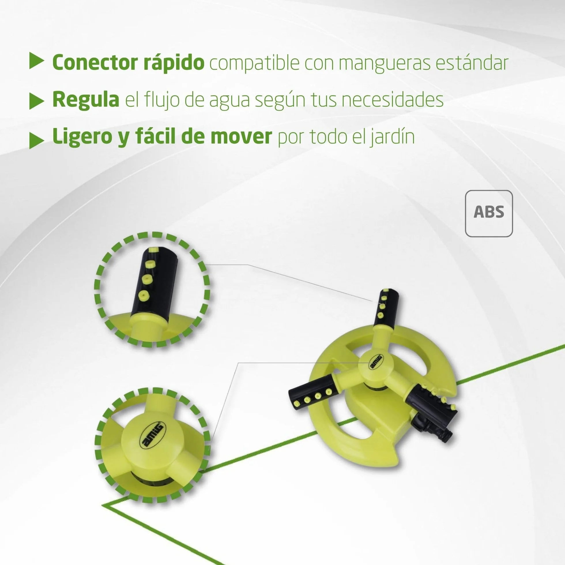 Amig Aspersor Giratorio 3 Boquillas Ø200 x 100 mm 3 Brazos Giratorios Conector Rápido 63,5 m² Plástico ABS Verde Pistacho Negro
