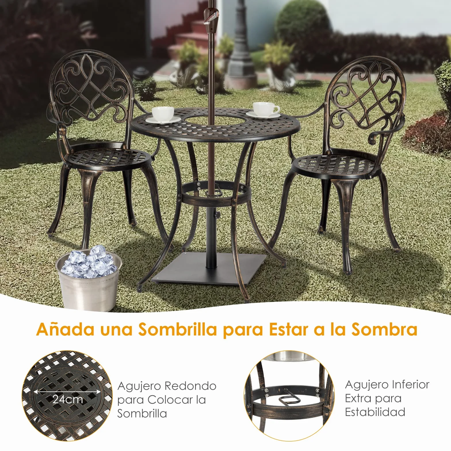 COSTWAY Juego de Mesa y Sillas de Bistró de 3 Piezas de Metal Fundido para Exterior con Mesa Redonda y Cubeta de Hielo