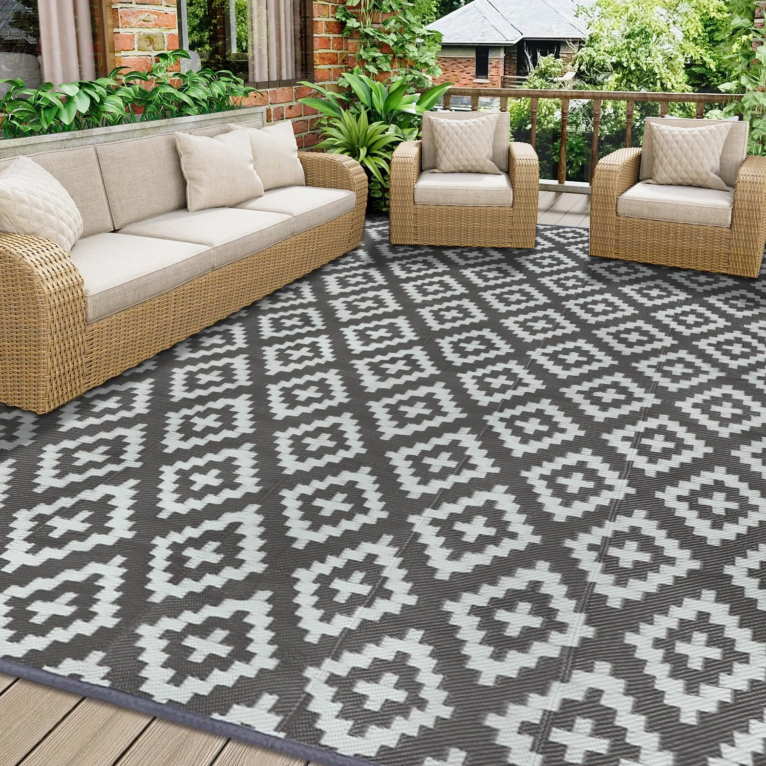 Alfombra de Exterior Homcomodar 180x270cm Gris Resistente UV Reversible Plástico Camping Patio