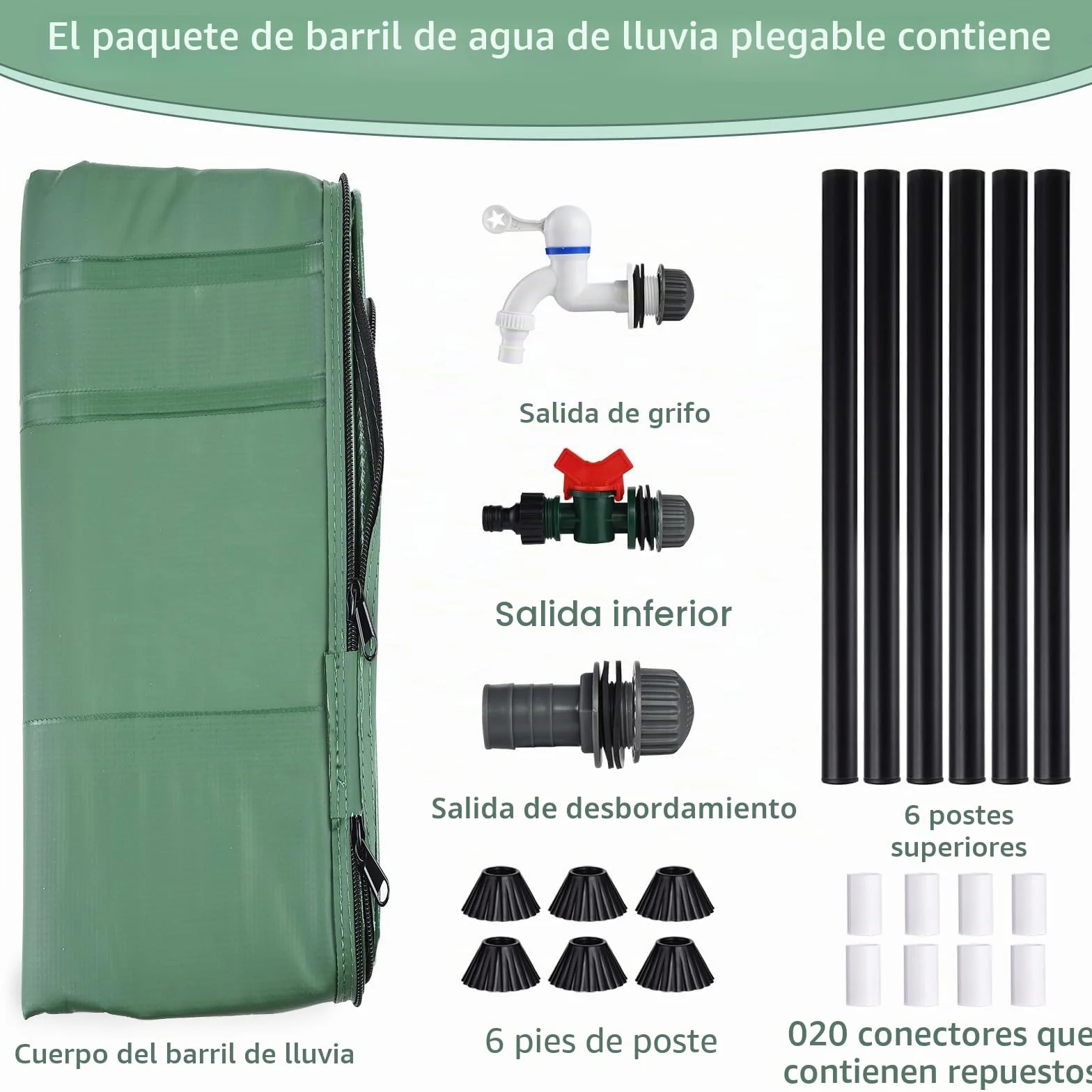Barril de lluvia plegable 53 galones 200 L Oxford 1000D con kit de recogida