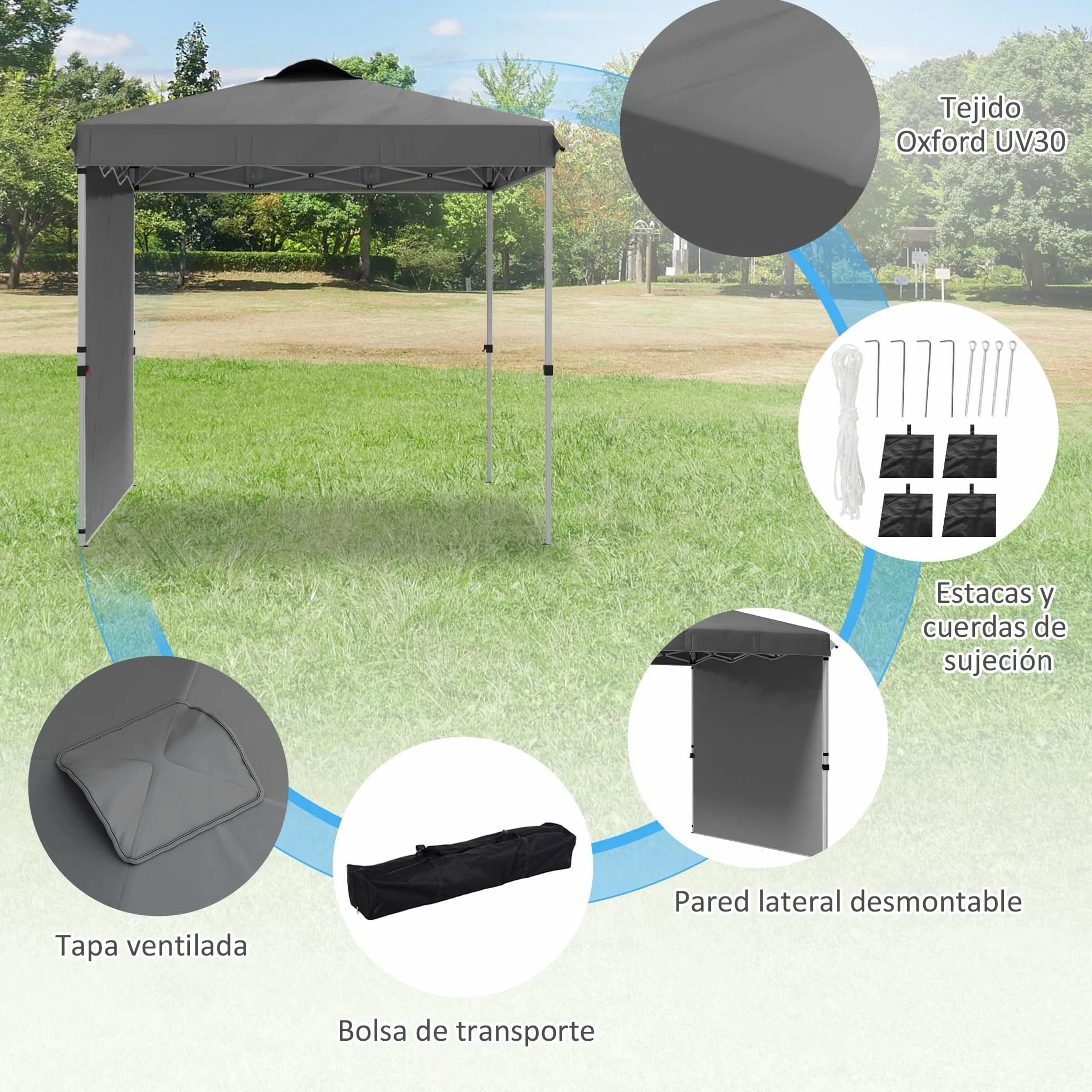 Outsunny Carpa Plegable 2,5x2,5 m Cenador de Jardín con 1 Pared Lateral Altura Ajustable en 3 Niveles Anti-UV Impermeable y Bolsa de Arena Gazebo para Exterior Camping Fiestas Gris Oscuro