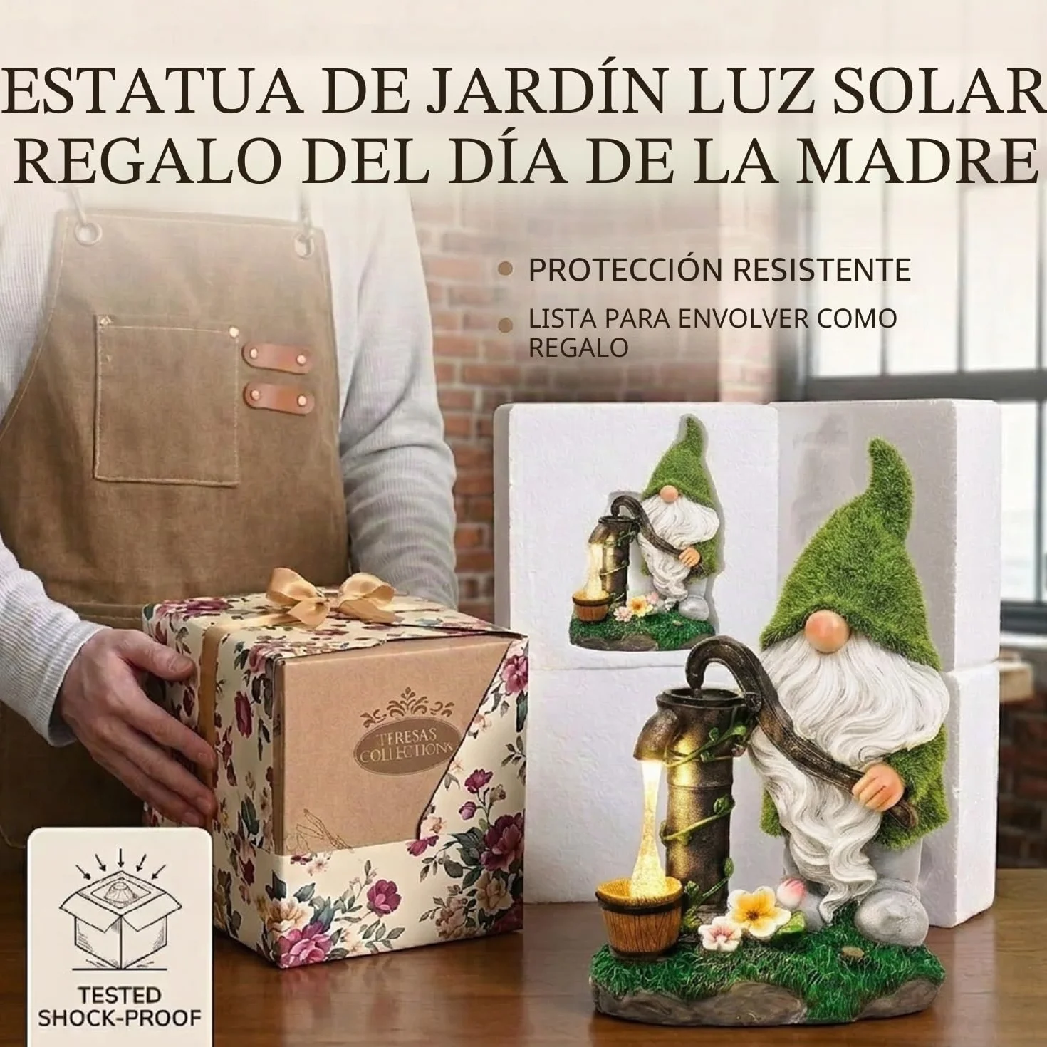 TERESA'S COLLECTIONS Adornos Jardin Exterior, Gnomo de Resina con Luces LED Solares, Impermeable, Decoración de Interior y Exterior, 21 cm