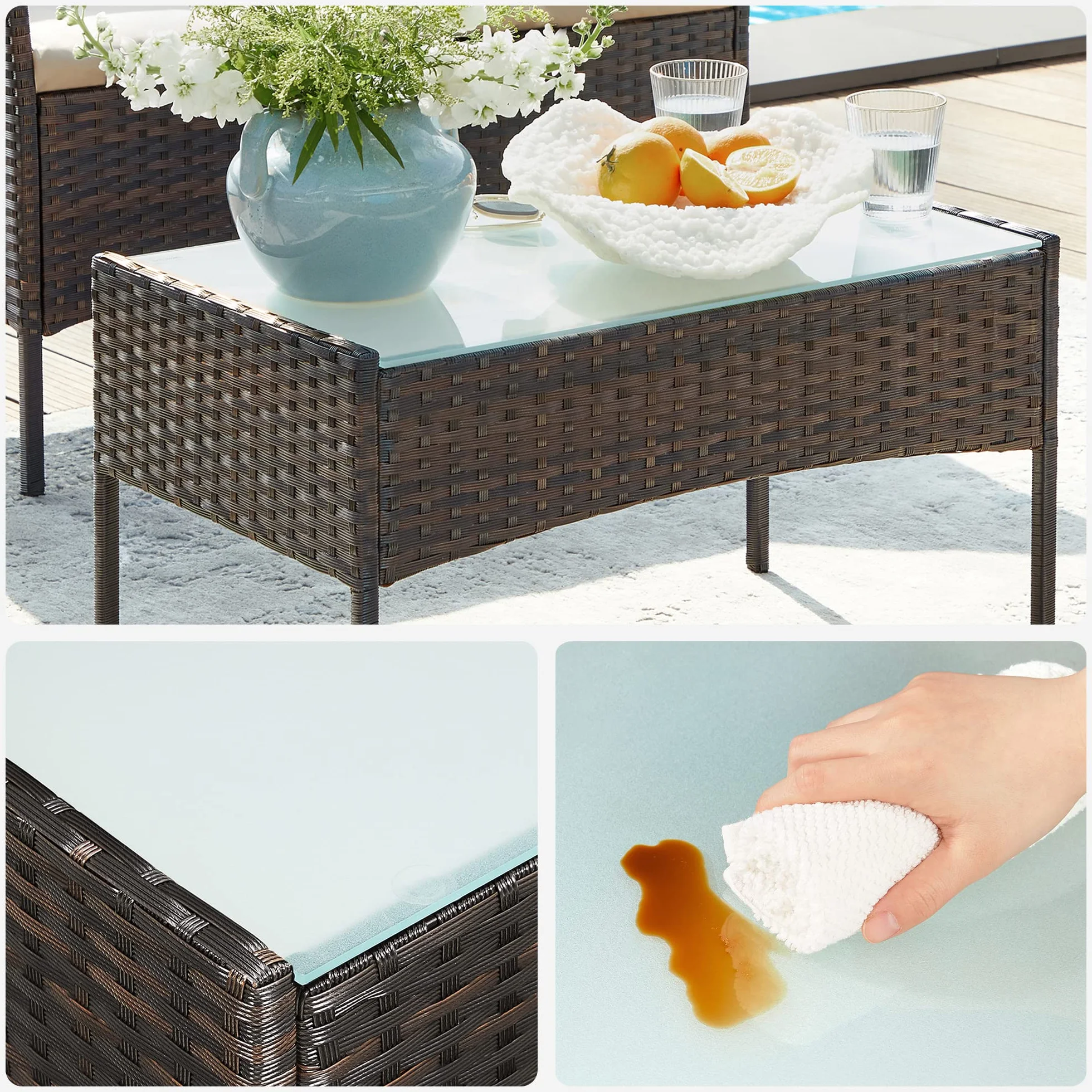 SONGMICS Conjunto de Muebles de Jardín Ratán Mimbre PE Marrón GGF004K05
