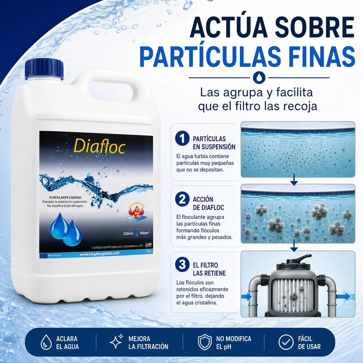 DIASA INDUSTRIAL Floculante líquido para Piscinas SUPERCONCENTRADO - DIAFLOC - clarifica el Agua turbia - 5 litros
