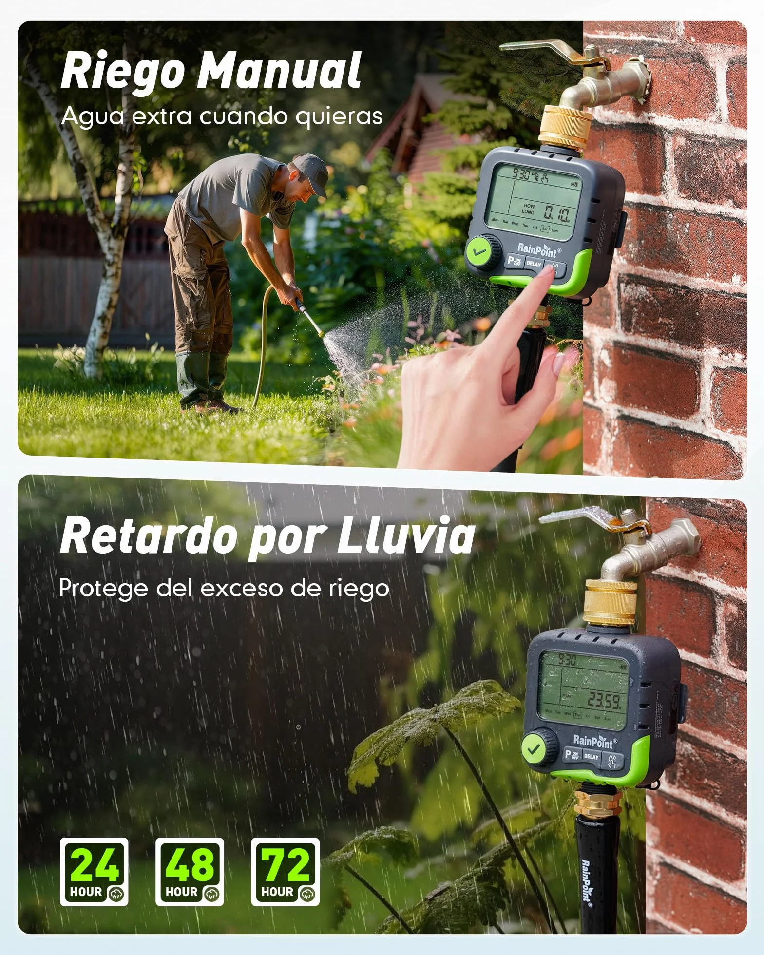 RAINPOINT Ordenador de riego IP65 Resistente al Agua con 3 Planes de riego y Doble conexión para Sensor de Lluvia y Panel Solar