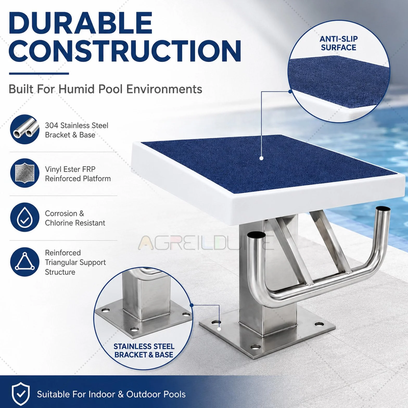Plataforma De Salida para Piscina, Trampolín Antideslizante 9° Acero Inoxidable 304