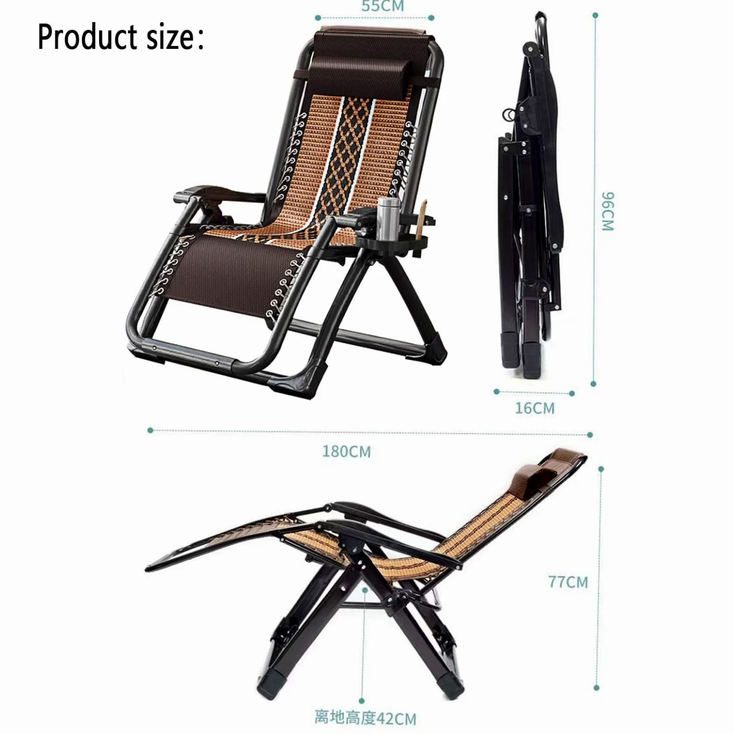 Tumbona Jardín Exterior Plegable de Gravedad Cero con Regulable Respaldo Reclinable Sillas Reclinables o Hamacas para Playa Terraza y Camping con Portavasos Ligeras y Cómodas (Negro)
