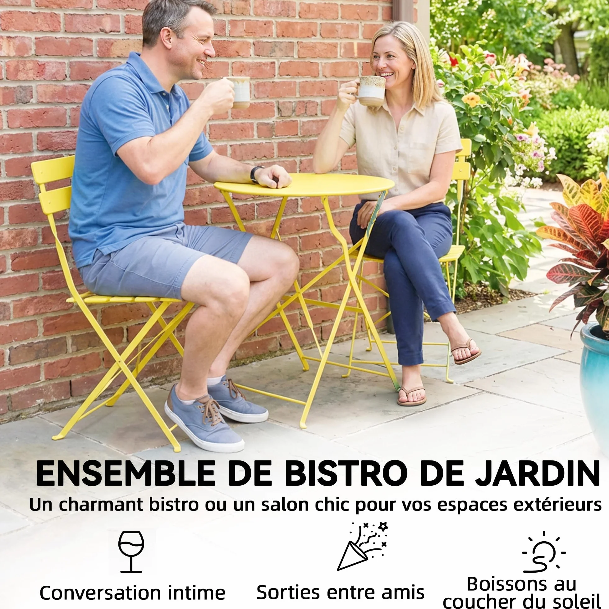 Outsunny Juego de bistró de jardín 3 Piezas Mesa y 2 sillas plegables de metal con doble protección antioxidante Amarillo