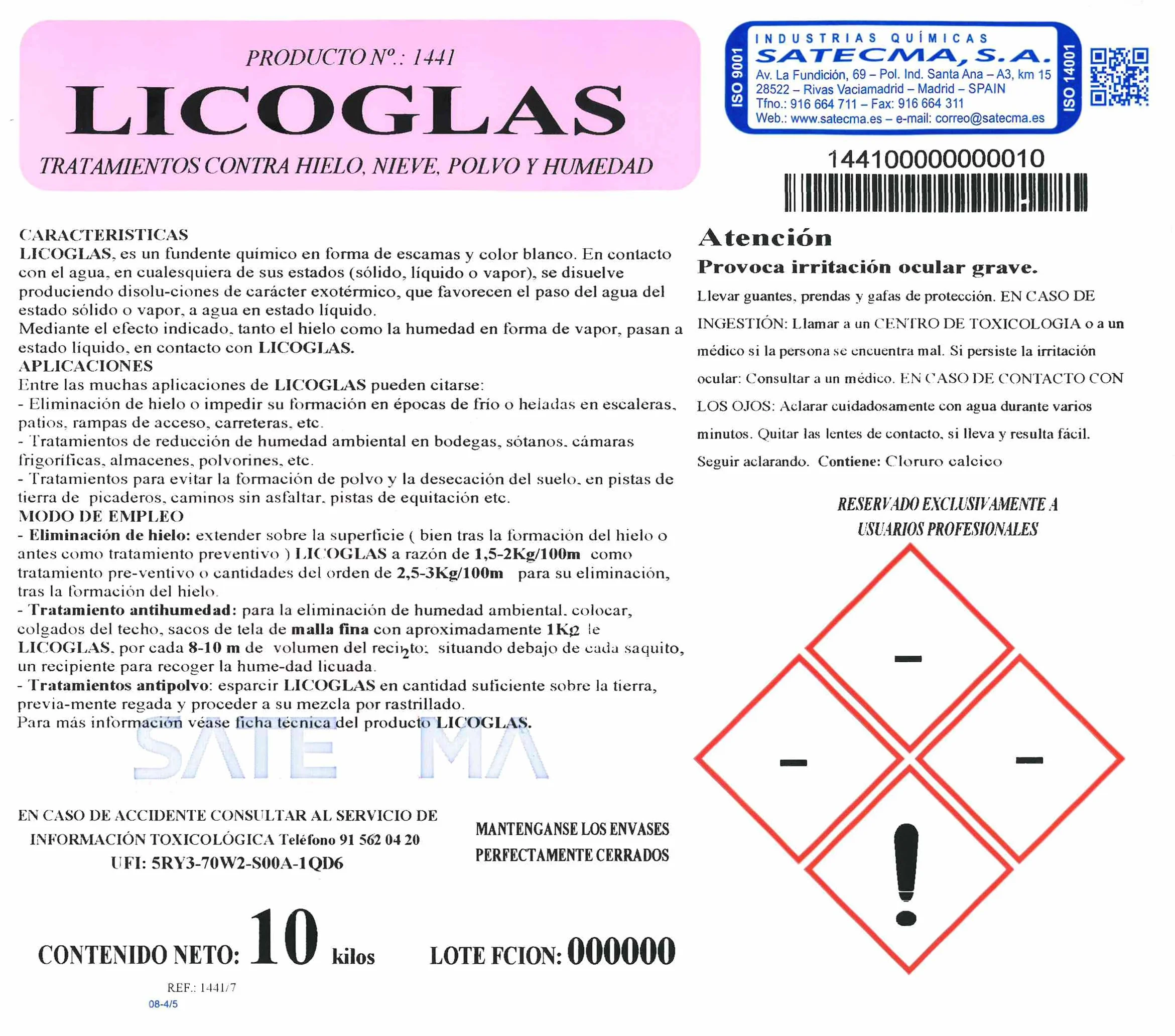 Fundente de Hielo y Nieve LICOGLAS 10KG