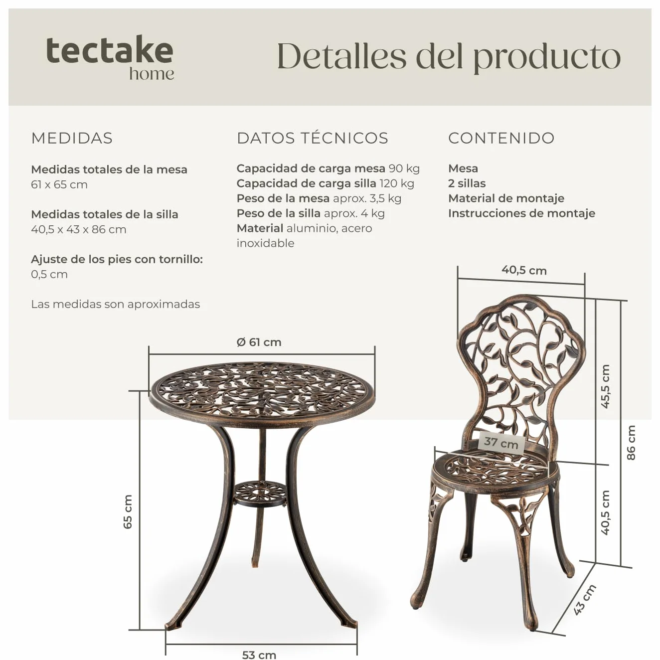 tectake® Juego de Bistró 3 Piezas, Sillas Jardín Exterior y Mesa Retro, Conjunto Terraza