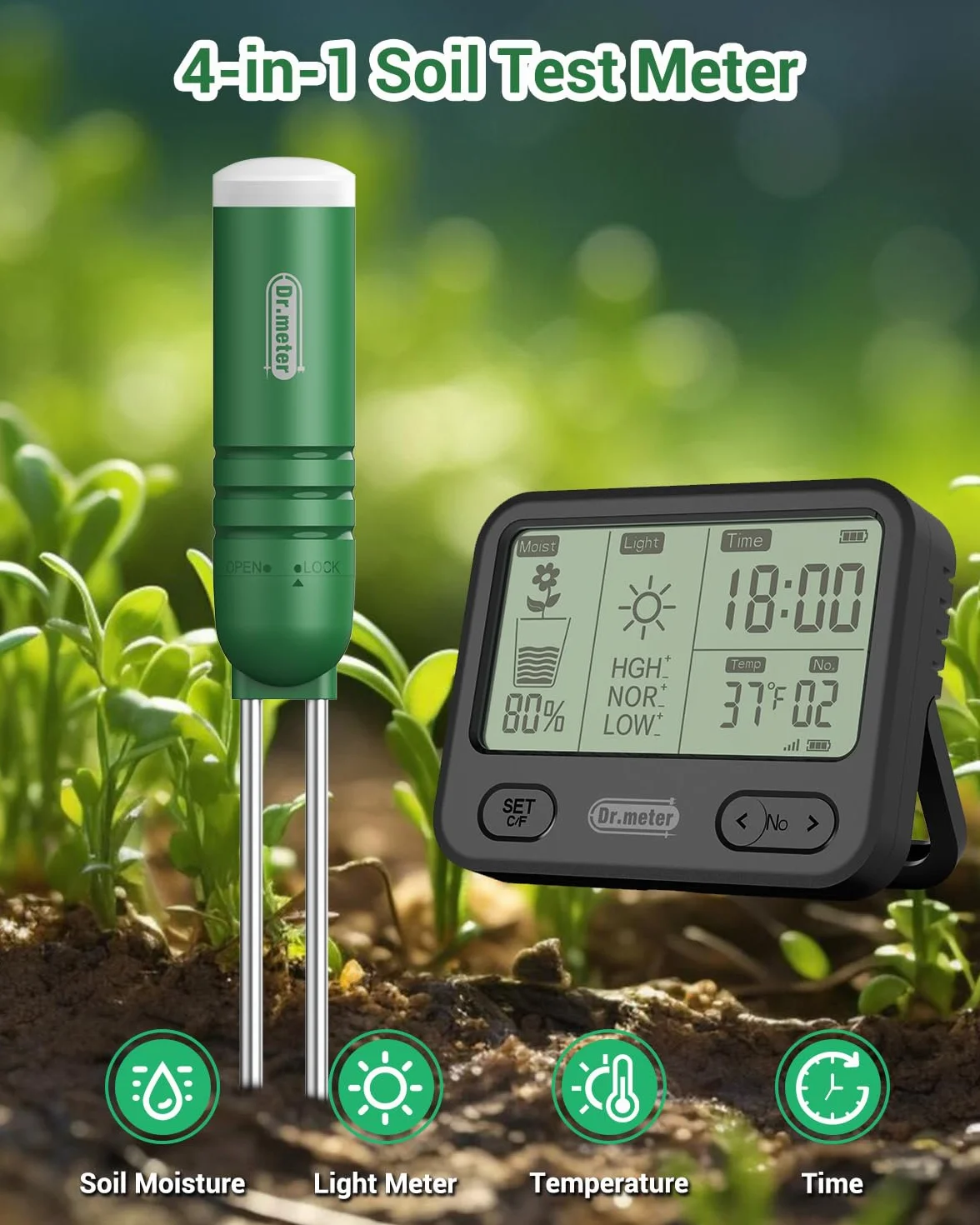 Dr.meter Medidor Humedad Plantas 4 en 1 con Temperatura Luz Tiempo Agua Suelo Higrometro
