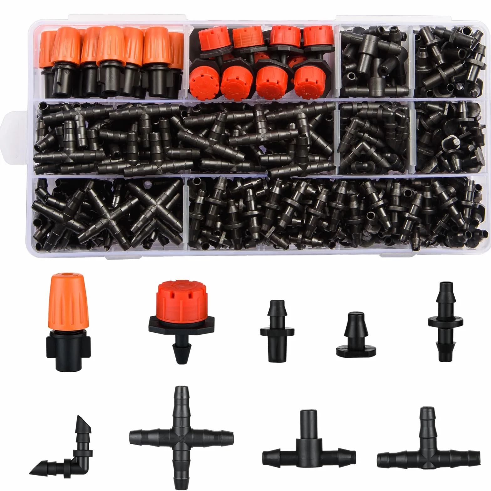 Kit de 300 accesorios de riego por goteo para tubos de 1/4 pulgadas, conectores de línea de goteo para sistemas de goteo, emisores de goteo, boquillas, boquillas en T, barras individuales, conectores