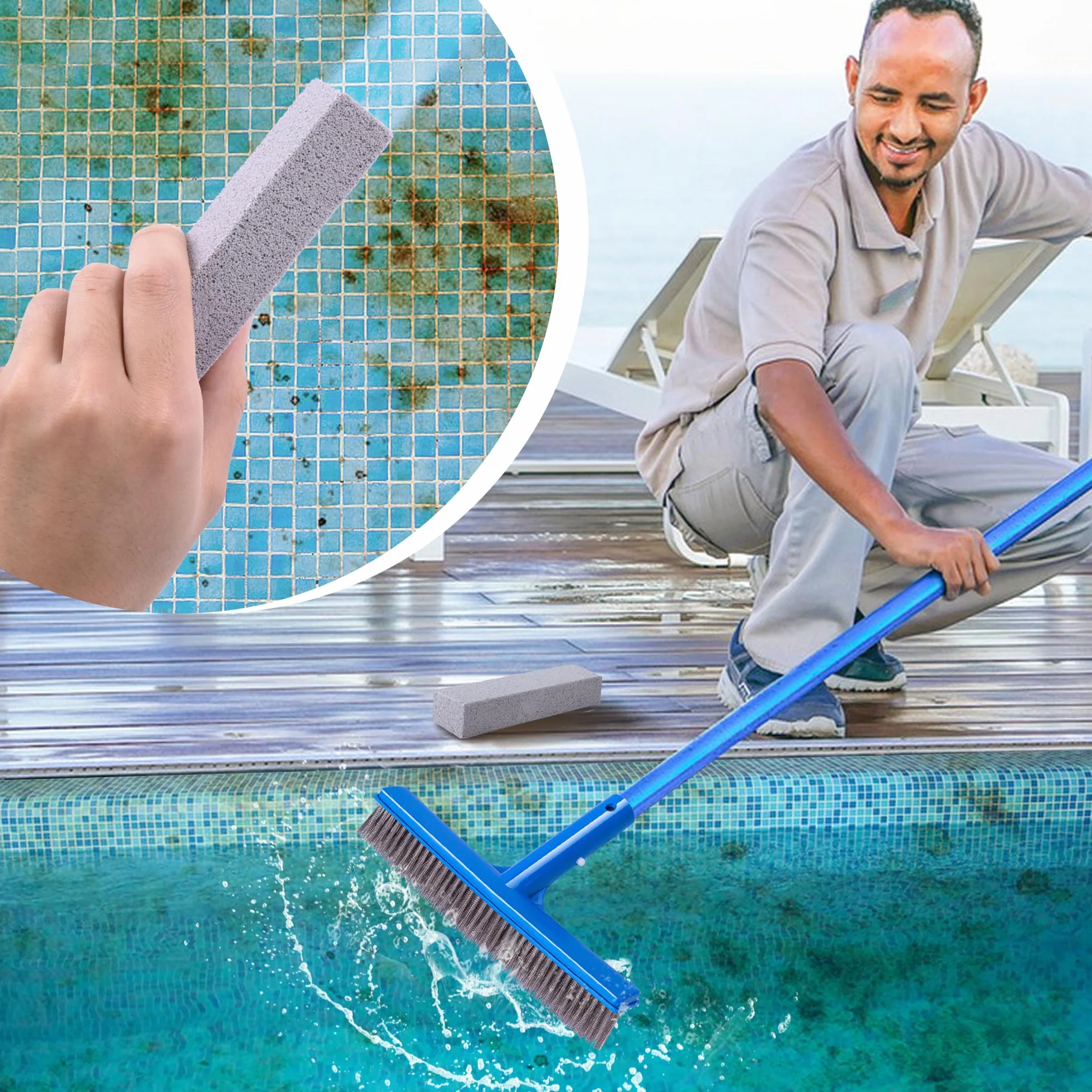 Adnee Juego de 6 piezas piedra pómez y cepillo piscina acero inoxidable 10 pulgadas