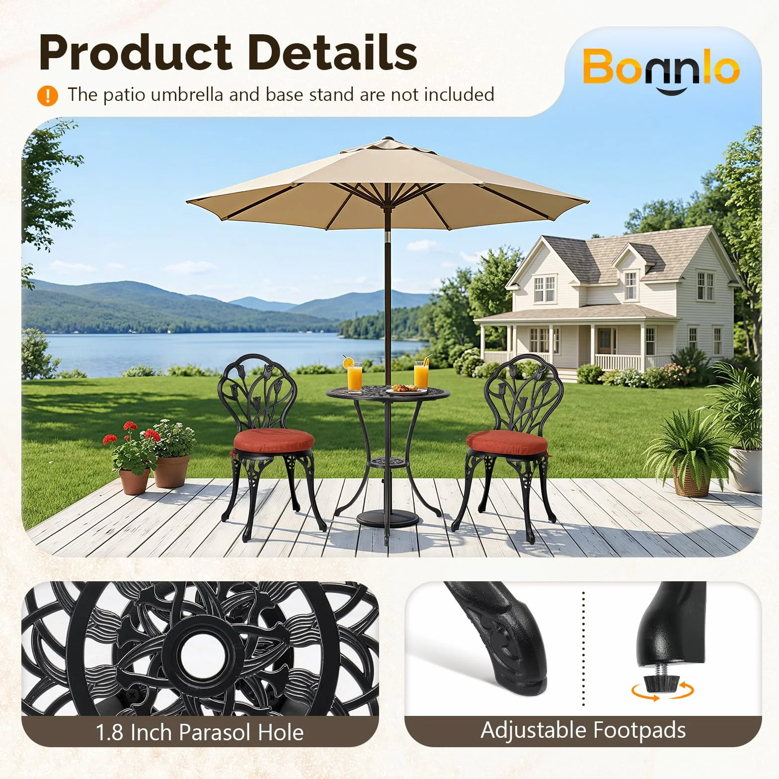 Bonnlo Juego Muebles de Jardín 3 Piezas Aluminio Fundido Mesa Redonda 2 Sillas Exterior Terraza Negro