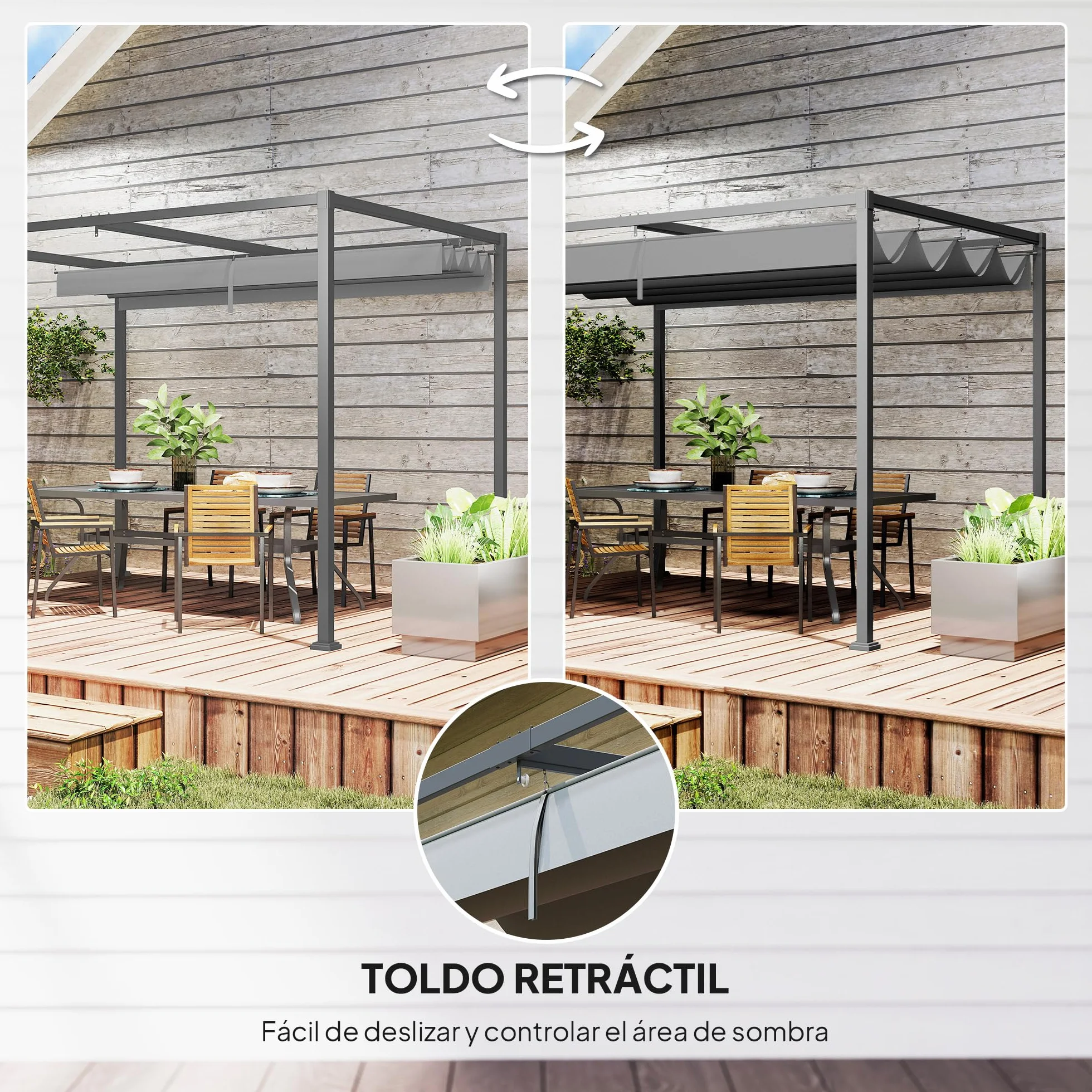 Outsunny Pérgola 3x2 m Cenador de Jardín Pabellón de Diseño Elegante con Techo Retráctil de Poliéster con Recubrimiento Resistente Anti-UV Impermeable para Celebraciones Fiestas Bodas Gris