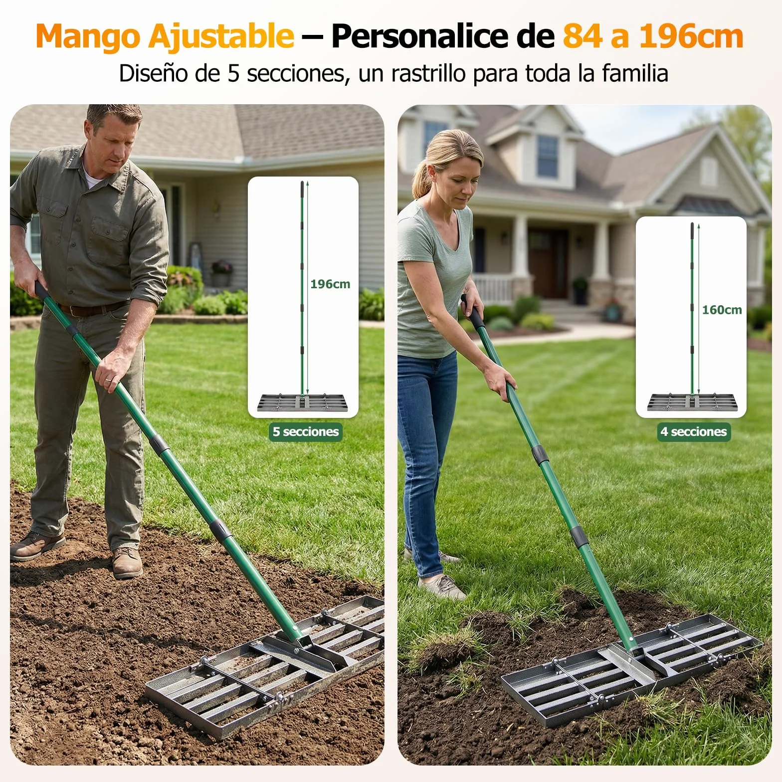 Rastra de nivelación para césped 76x25 cm, mango ajustable 84-196 cm, plegable jardín
