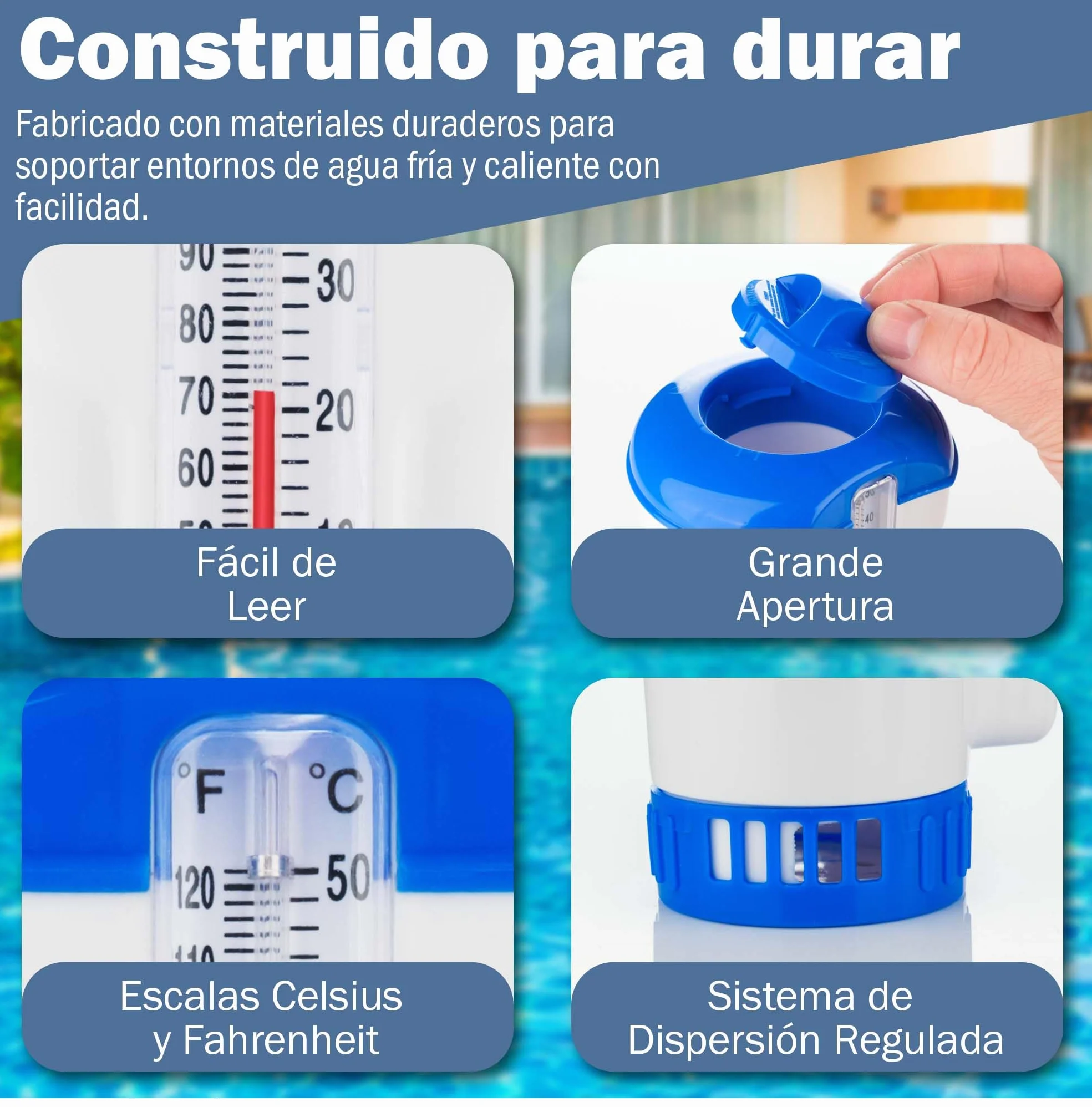 Dispensador de Cloro Flotante con Termómetro Integrado para Piscinas, Jacuzzis y Spas
