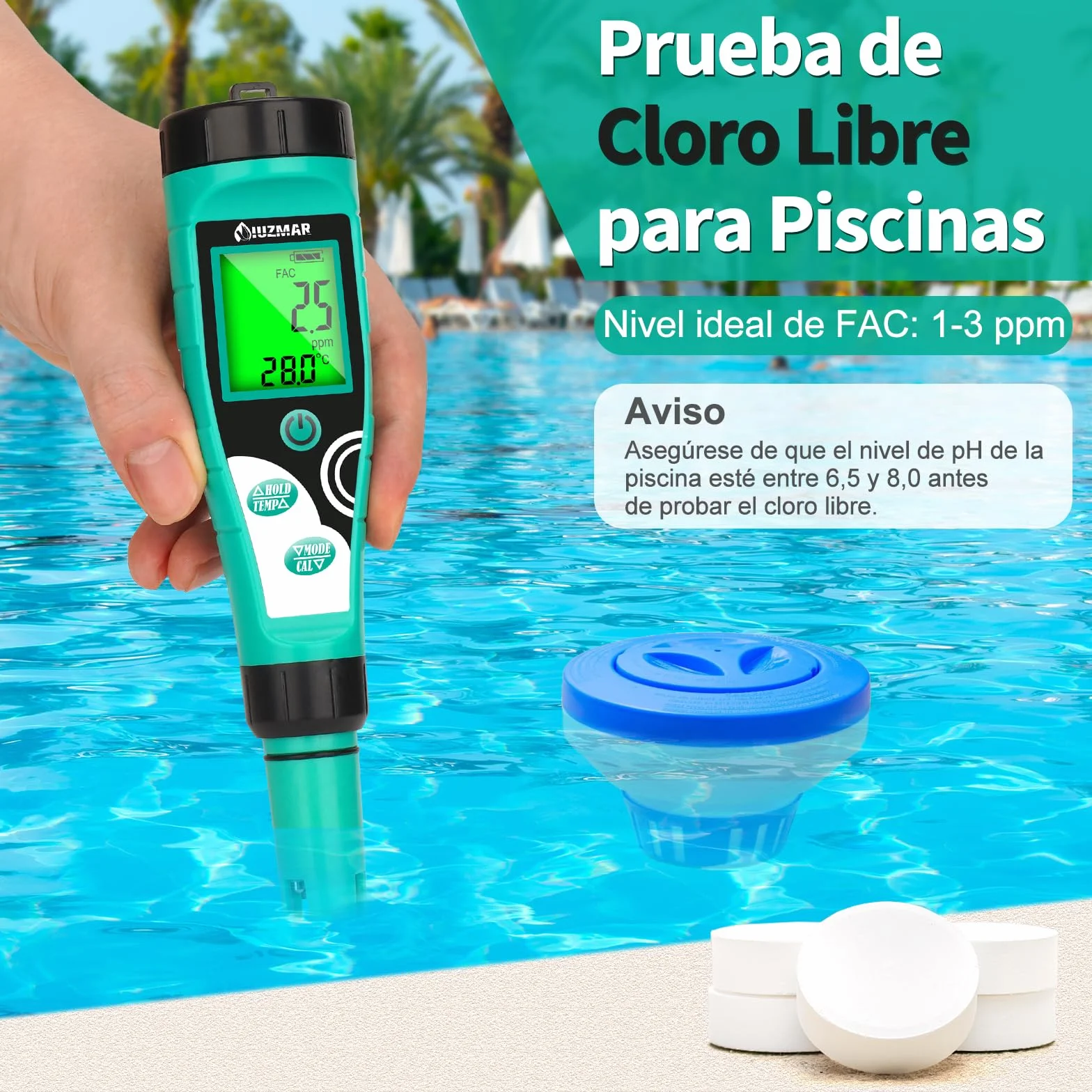 UIUZMAR Medidor de Cloro y pH Piscina, Medidor de Salinidad y Cloro Libre Digital, Comprobador de 7 en 1 pH, EC, TDS, Salinidad, ORP y Cloro para Piscinas, Hidroponía, Acuarios, Spas