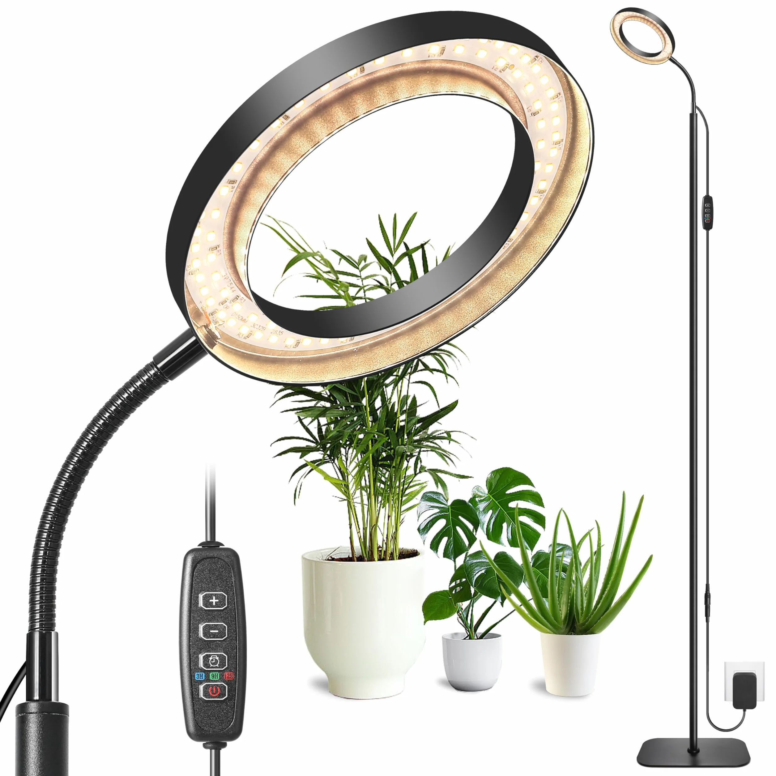 Hywyimlait 96 LED 3000 K Planta de espectro completo con soporte, luz de crecimiento con temporizador automático 3/9/12H, manguera flexible de 360°, altura regulable de 40 a 160 cm para plantas de