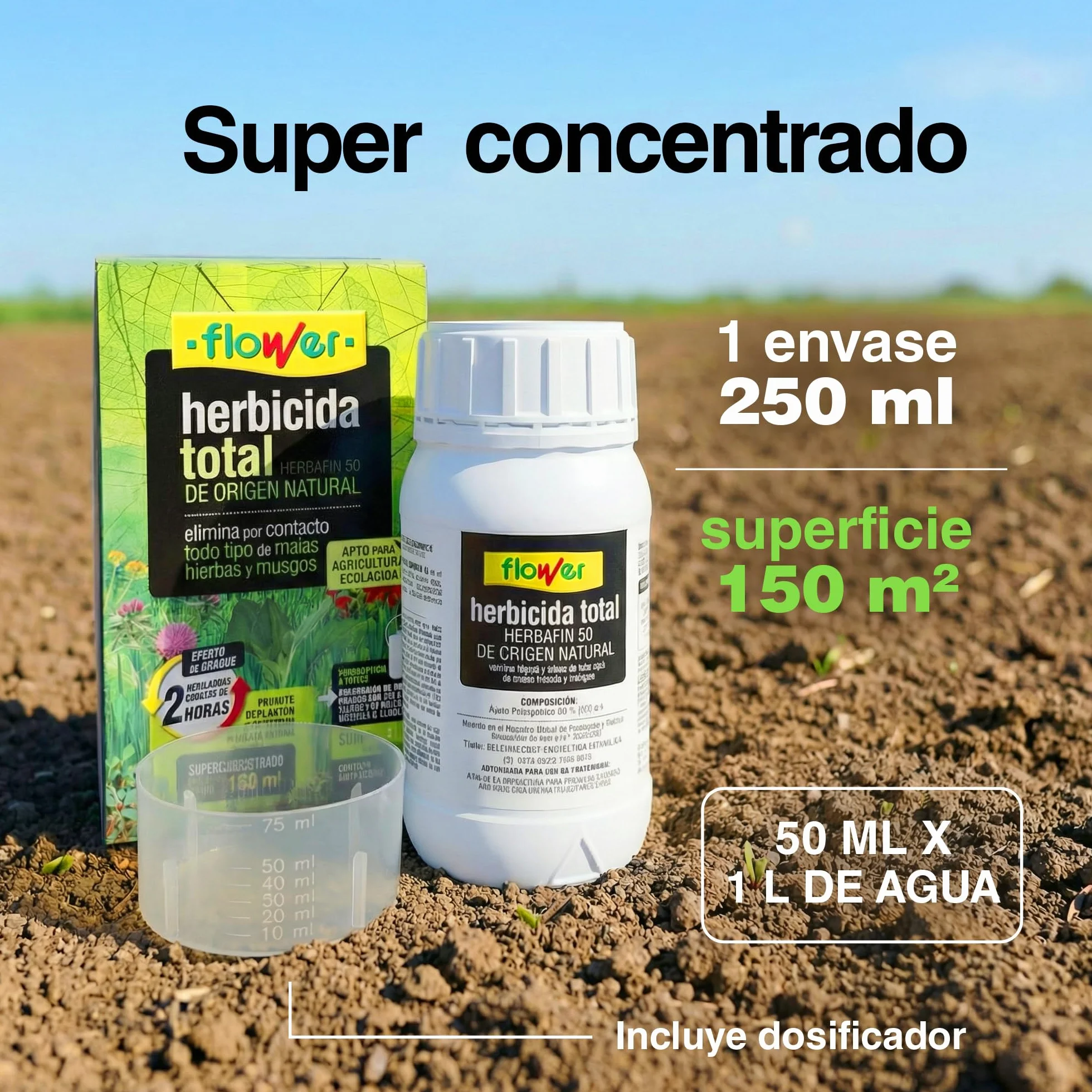 FLOWER Herbicida Total Ecológico 150 m² 250ml Elimina Malas Hierbas y Musgos Alternativa Glifosato