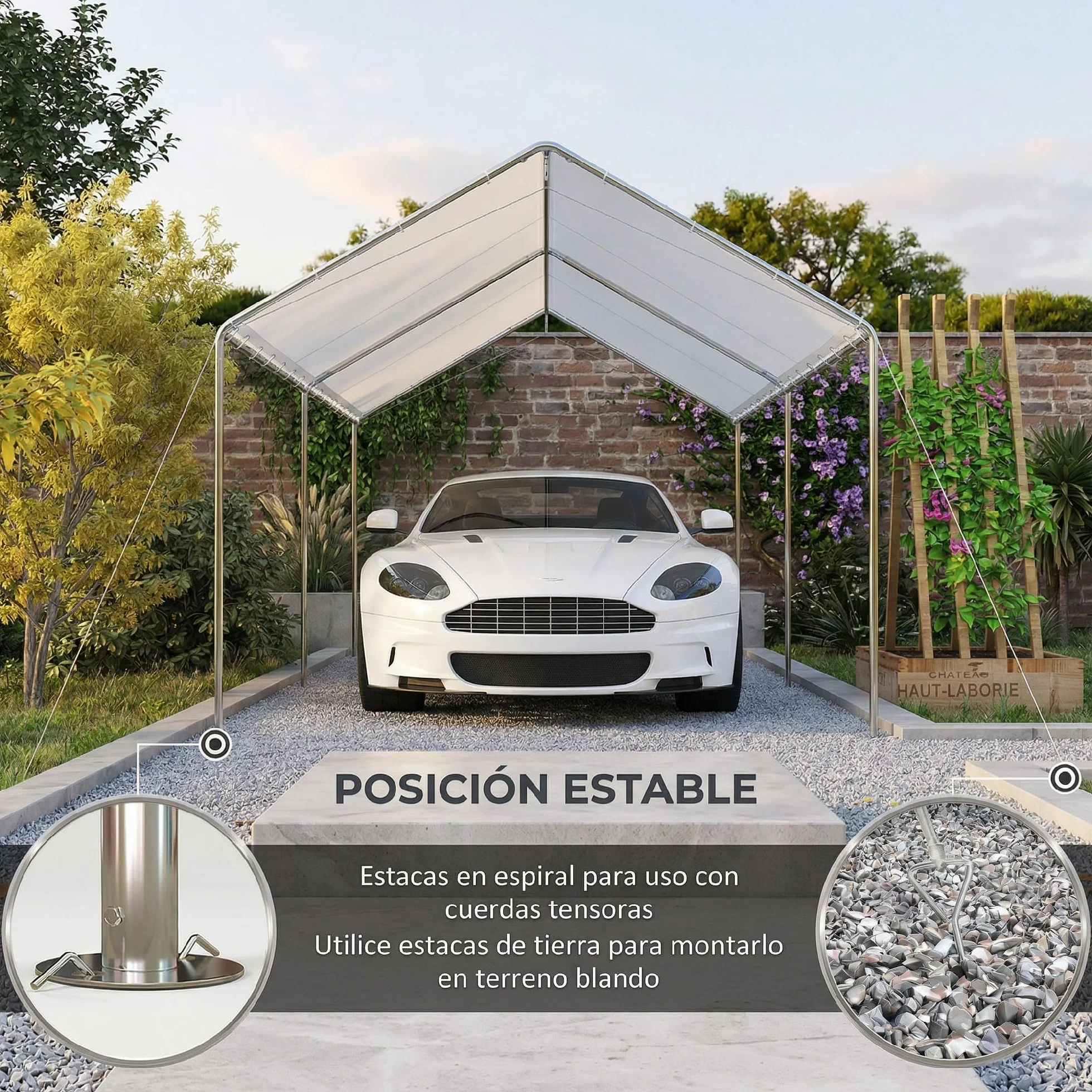 Outsunny Carpa Garaje 3x6 m Cochera Exterior Portátil Impermeable Anti-UV Marco Acero Galvanizado Blanco
