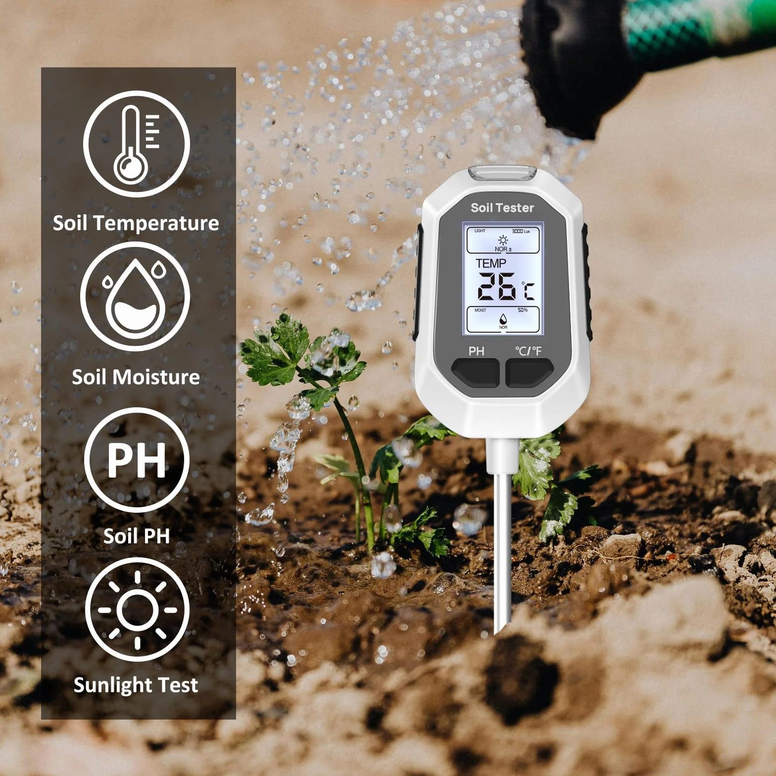YAMRON Medidor de Humedad del Suelo 4 en 1 Digital pH Humedad PH Temperatura Luz Solar con Pantalla LCD