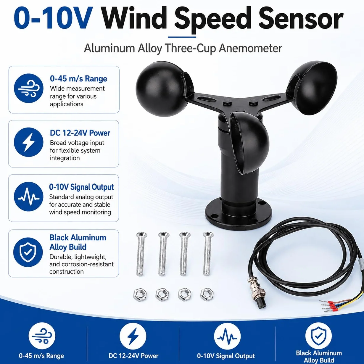 Anemómetro Sensor de velocidad del viento Aleación de aluminio DC 12-24V para invernadero estación meteorológica