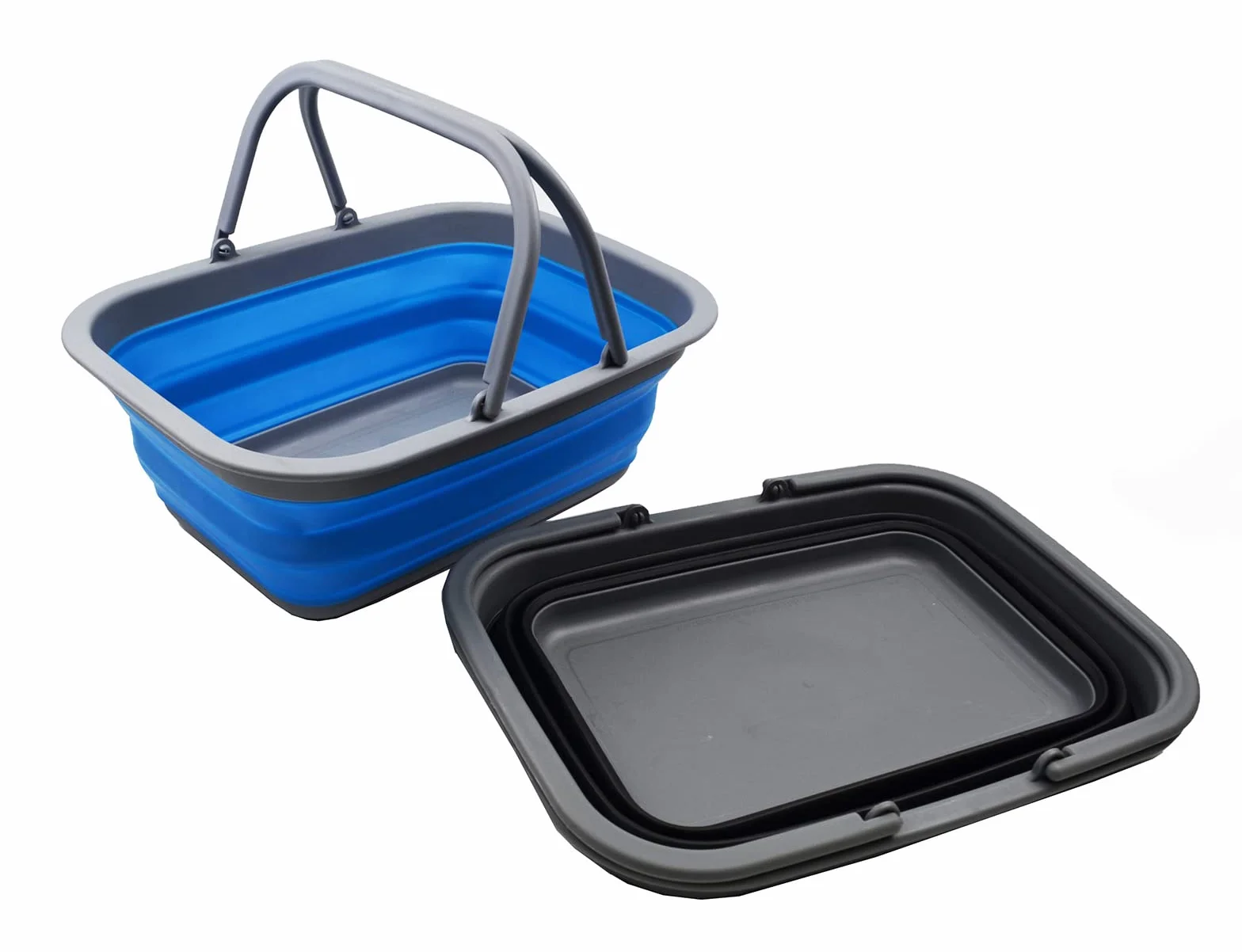 SAMMART Bañera plegable de 9.2 L con asa, cesta portátil de picnic al aire libre, bolsa de compras plegable, contenedor de almacenamiento para ahorrar espacio (negro y azul, 2)