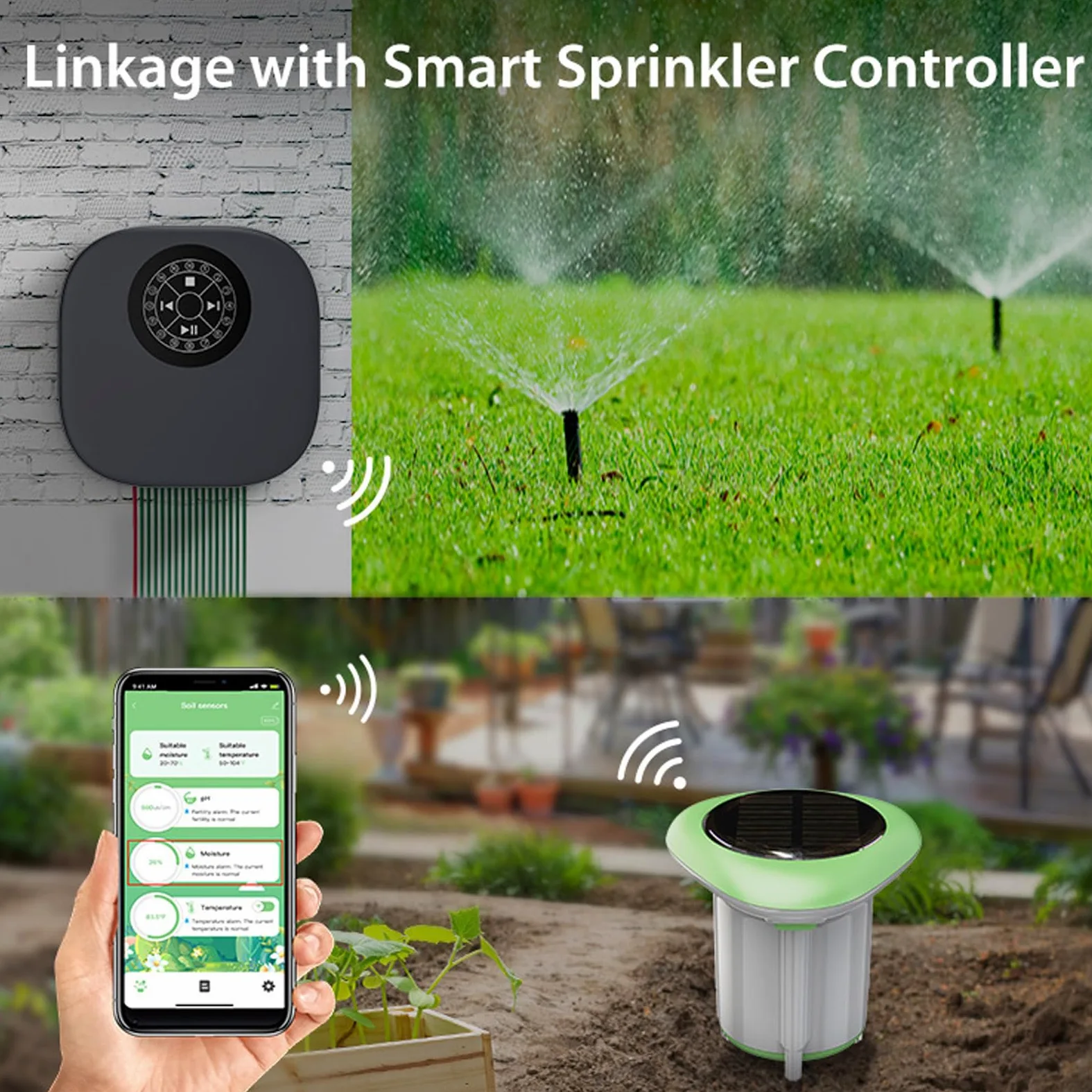 Buachois Sensor de Suelo Solar, Medición de Humedad Temperatura y Conductividad con WiFi y Bluetooth, Material ABS para Jardín Huerto Interior Exterior