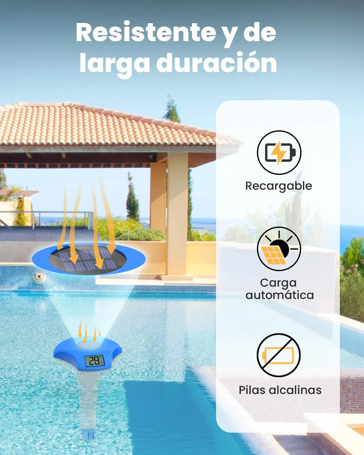BALDR Termómetro Piscina Flotante Solar Pantalla Digital IPX8