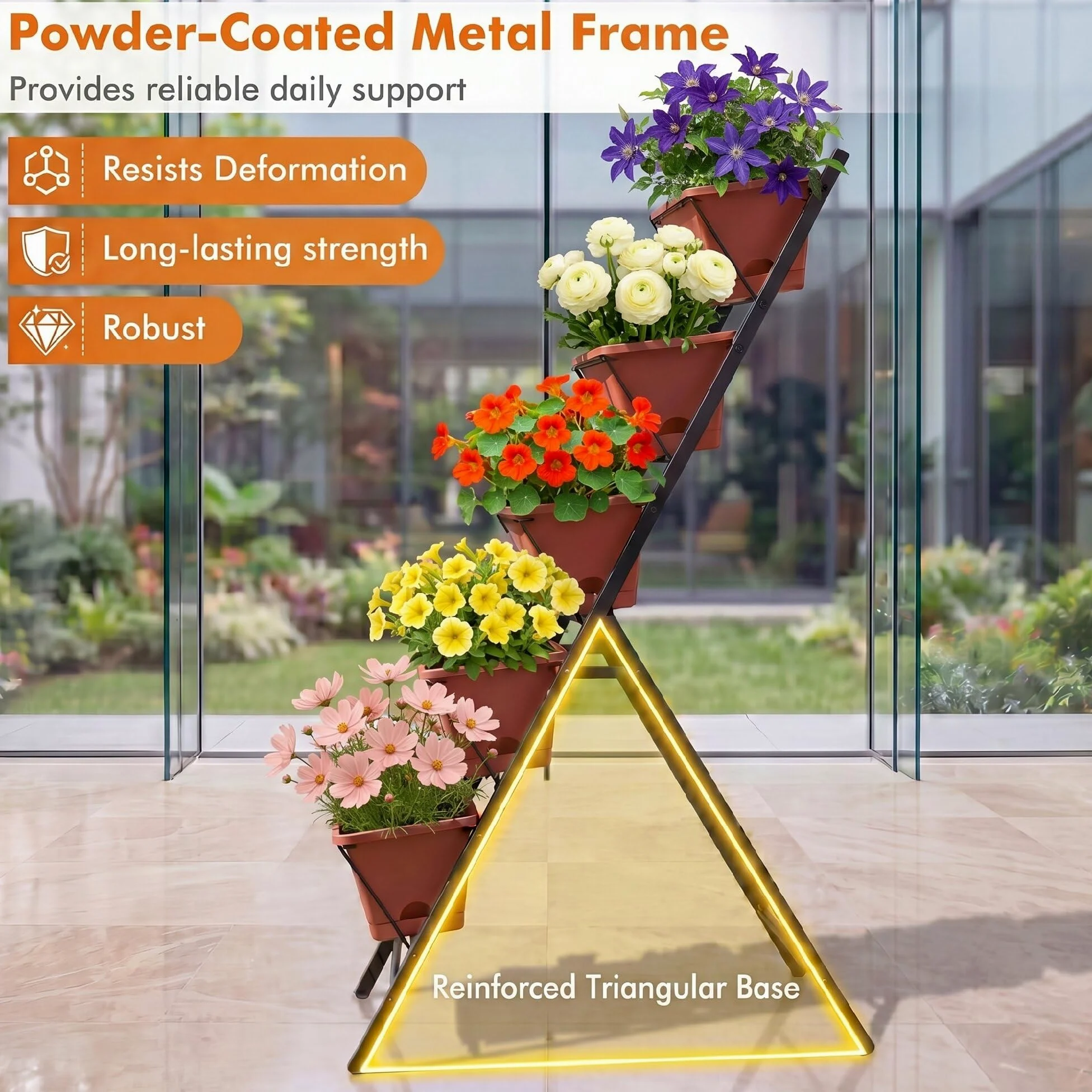 HOMASIS Jardinera Vertical de 5 Niveles, 57 x 71 x 115 cm (Rojo) | Huerto Vertical con Marco de Metal, Bandejas Extraíbles y Orificios de Drenaje, Macetero Elevada para Interiores y Exteriores